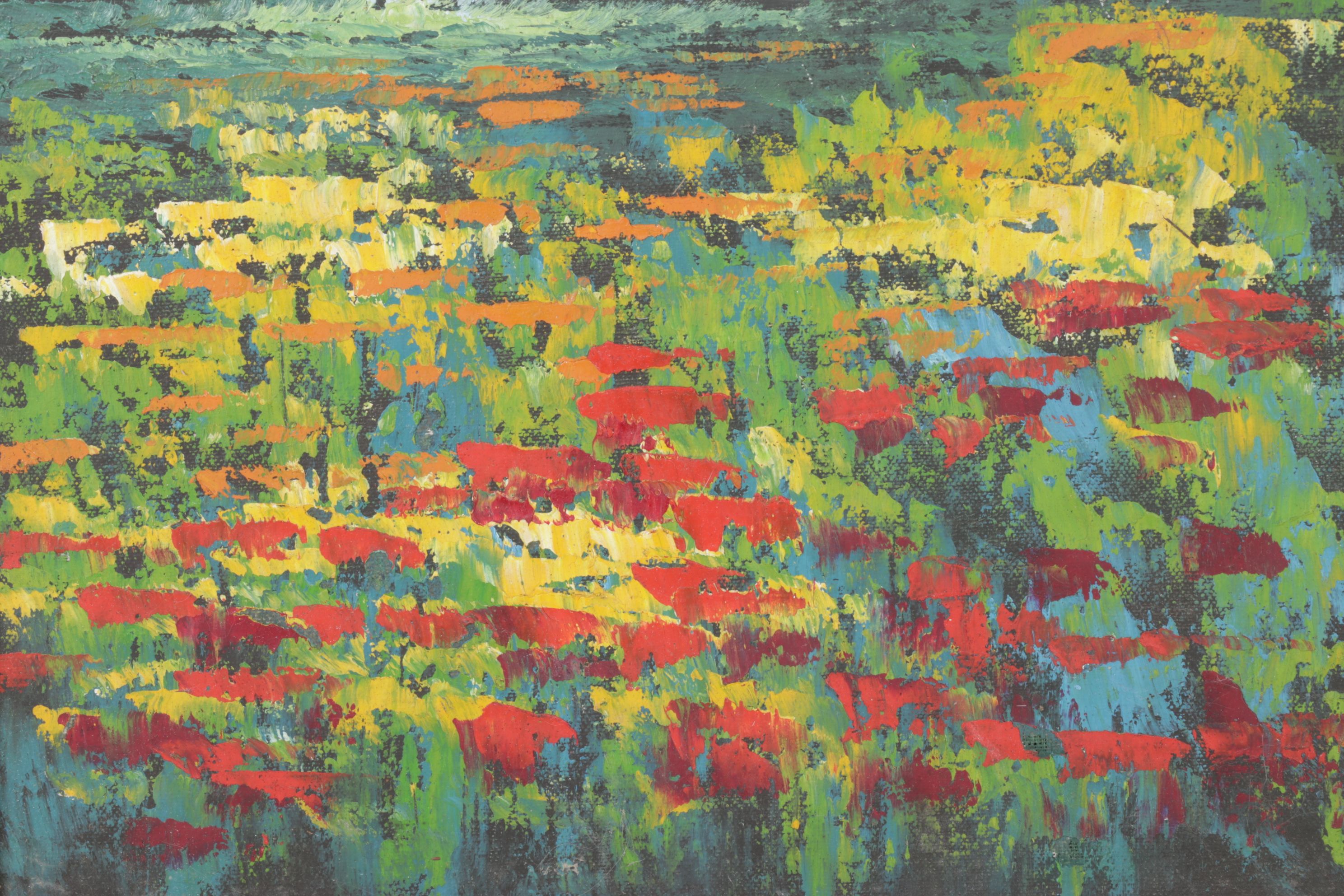 Impressionist Landscape Oil Painting of Wildflower Meadow with Distant Church