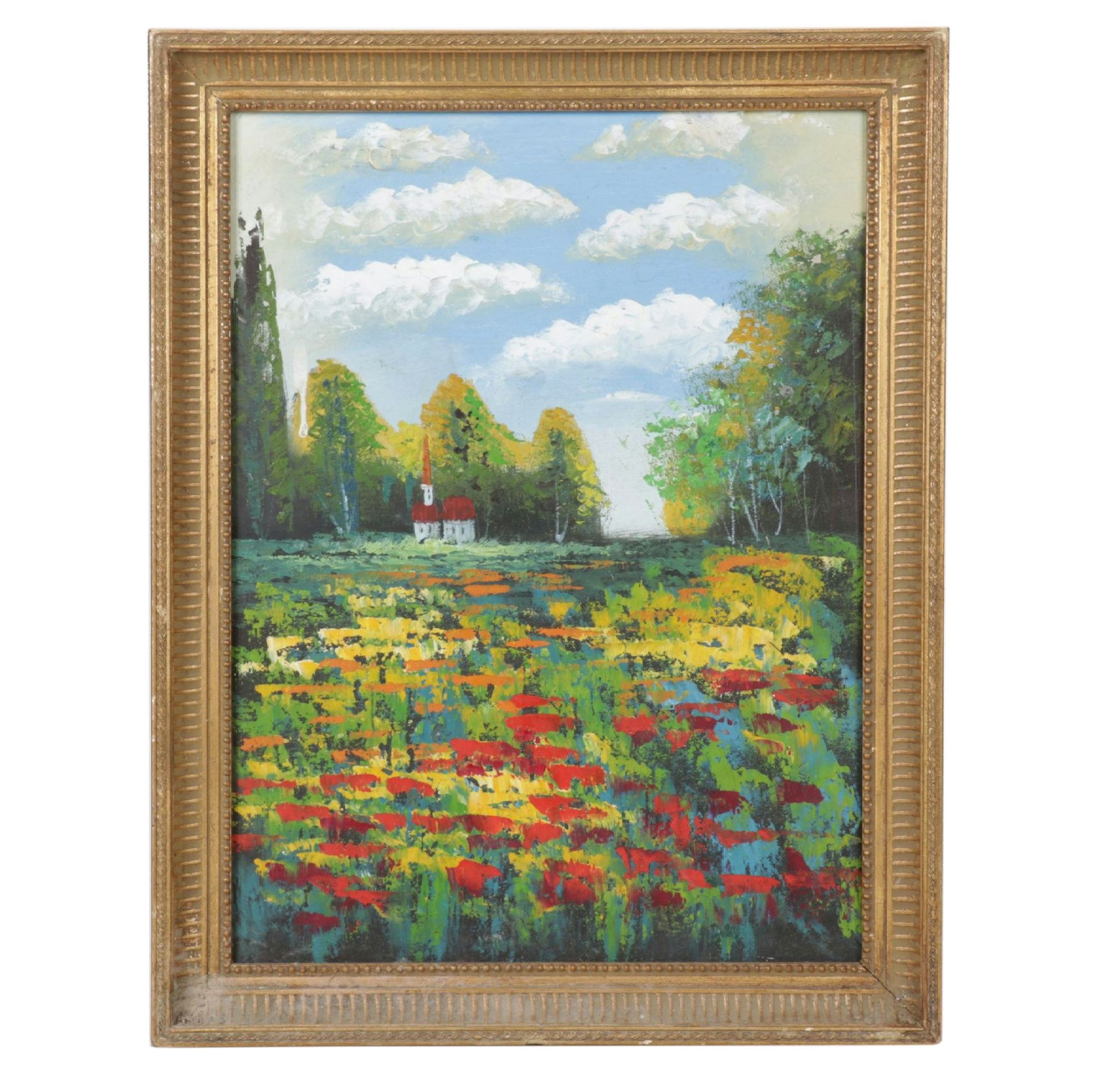 Impressionist Landscape Oil Painting of Wildflower Meadow with Distant Church