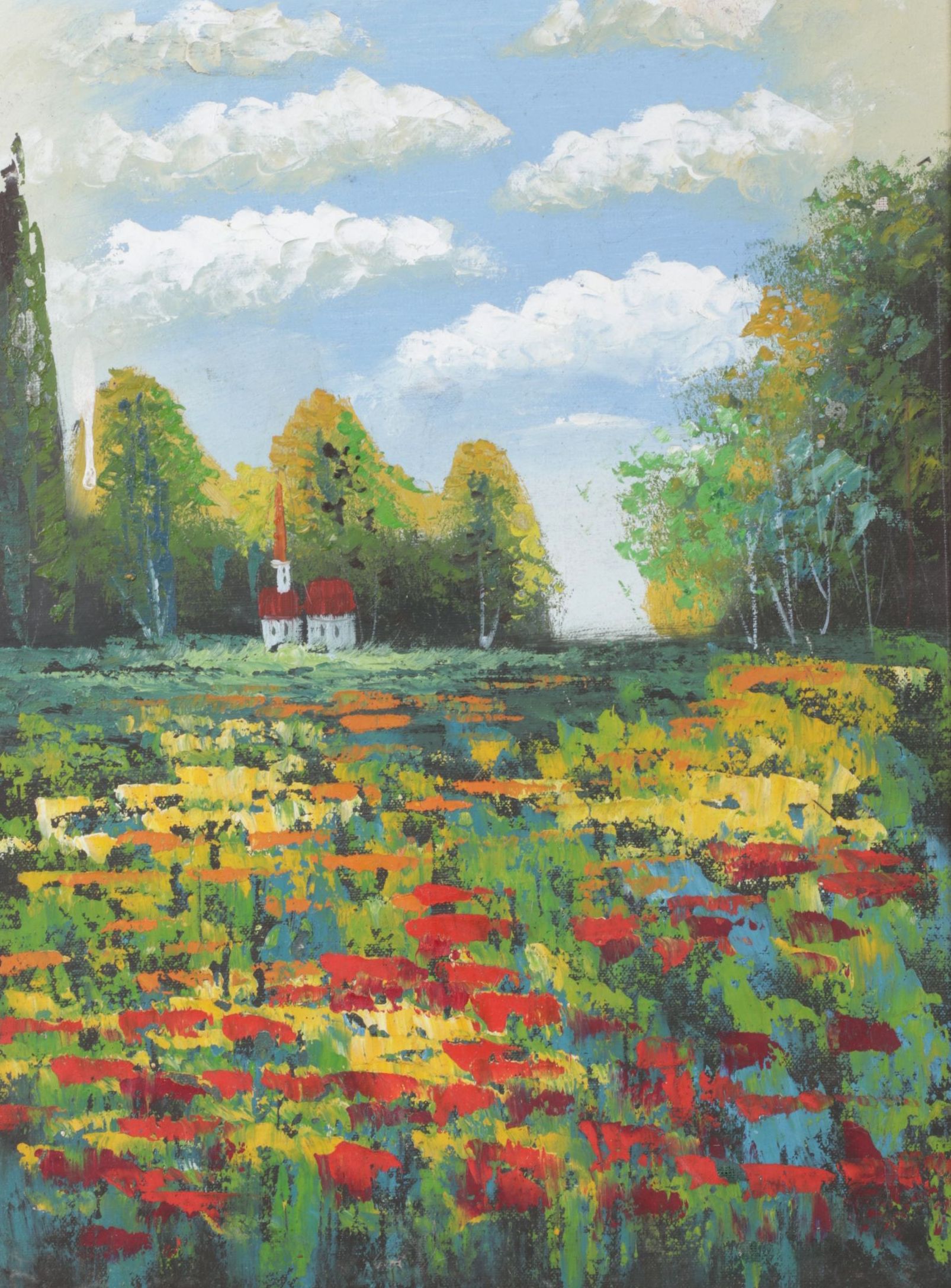 Impressionist Landscape Oil Painting of Wildflower Meadow with Distant Church