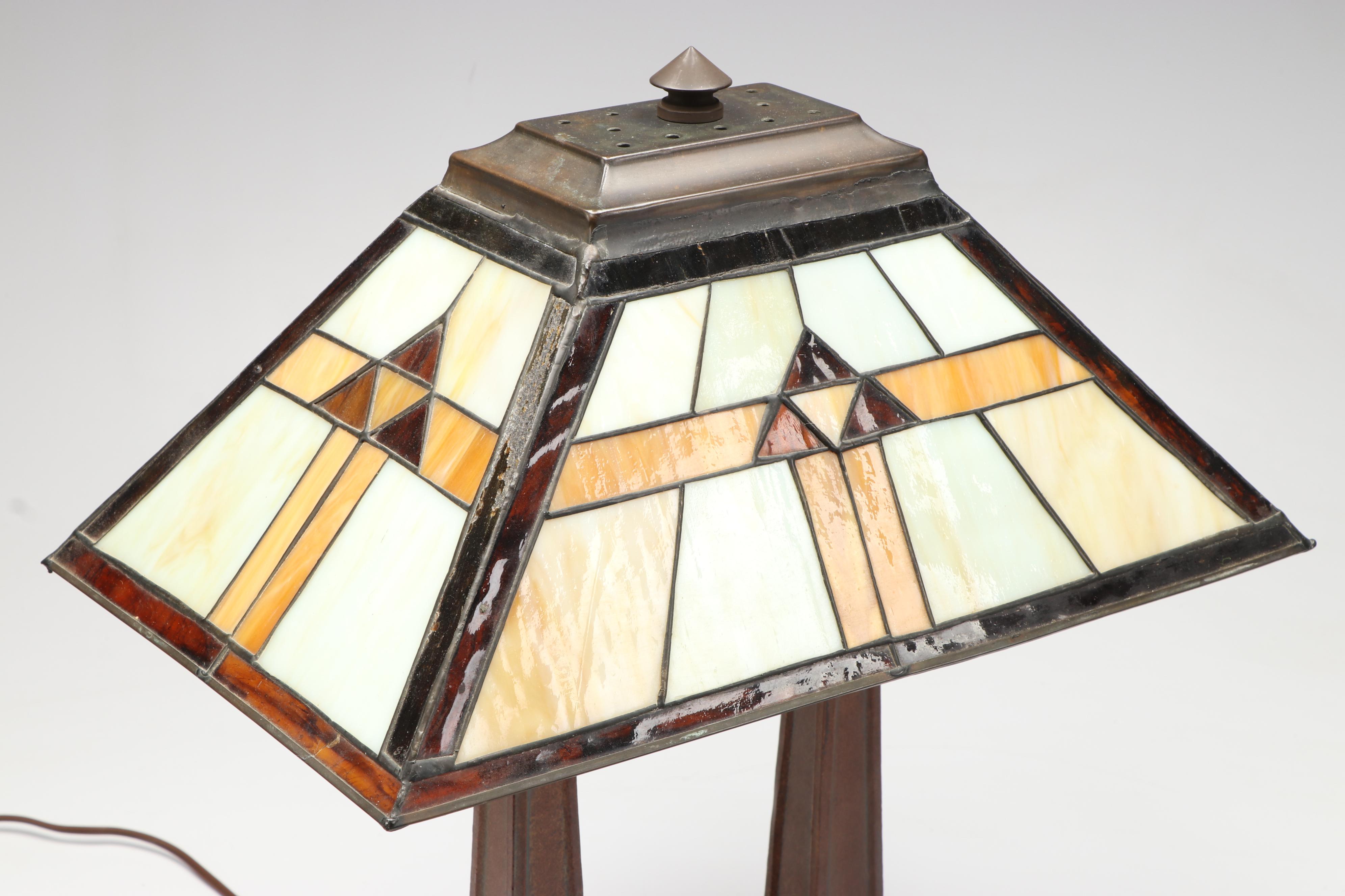 Art Deco Style Two Post Metal Table Lamp with Slag Glass Shade