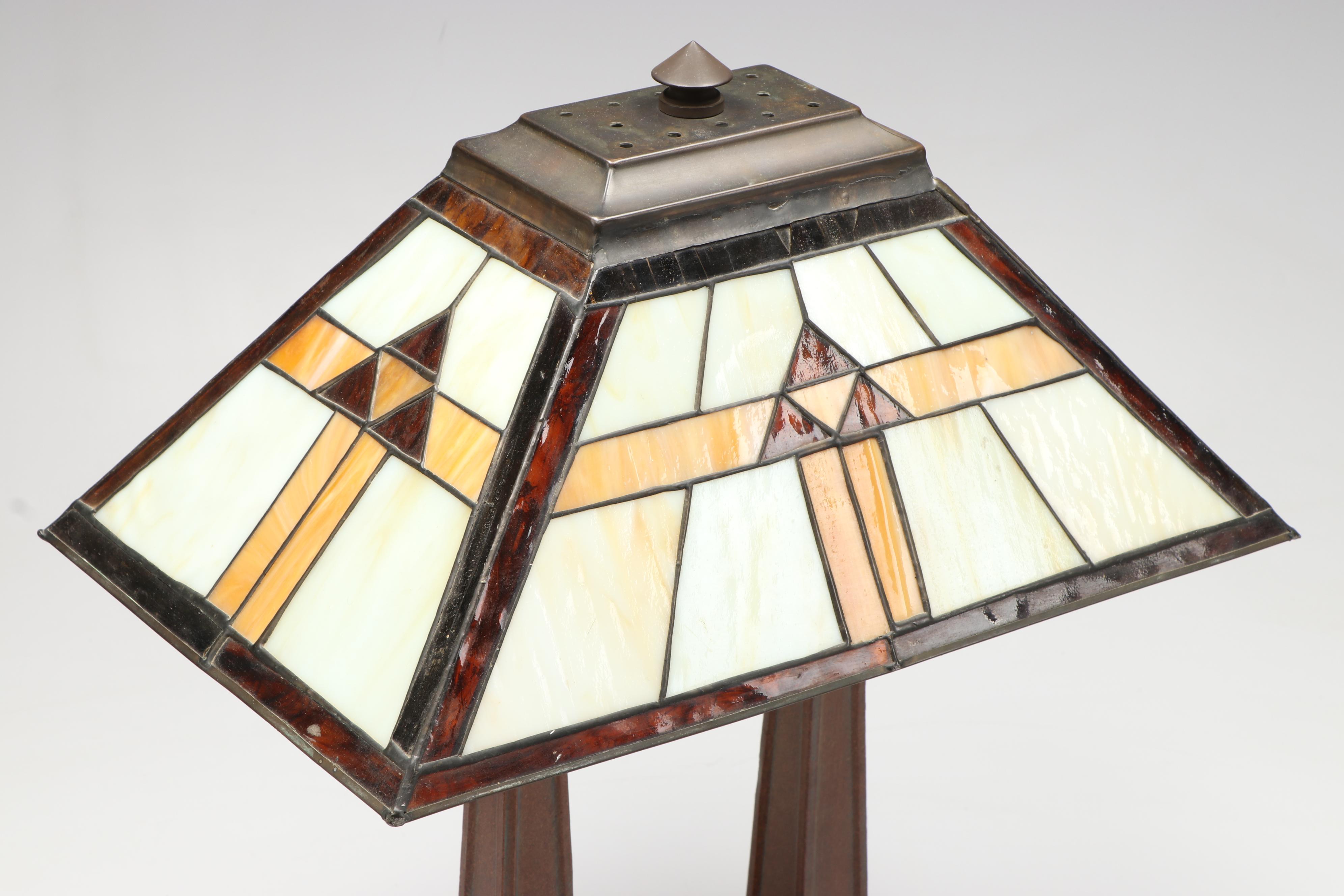 Art Deco Style Two Post Metal Table Lamp with Slag Glass Shade