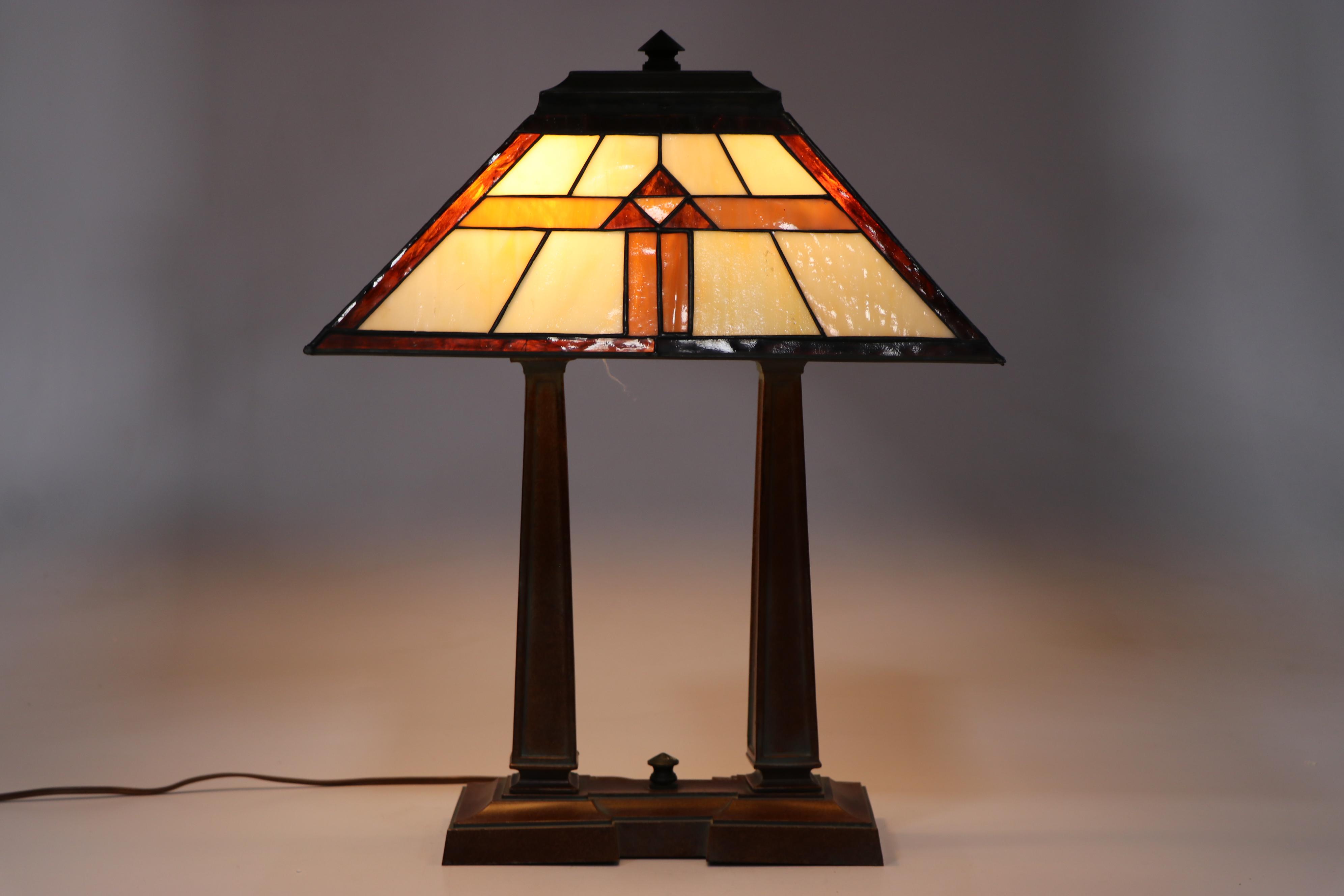 Art Deco Style Two Post Metal Table Lamp with Slag Glass Shade