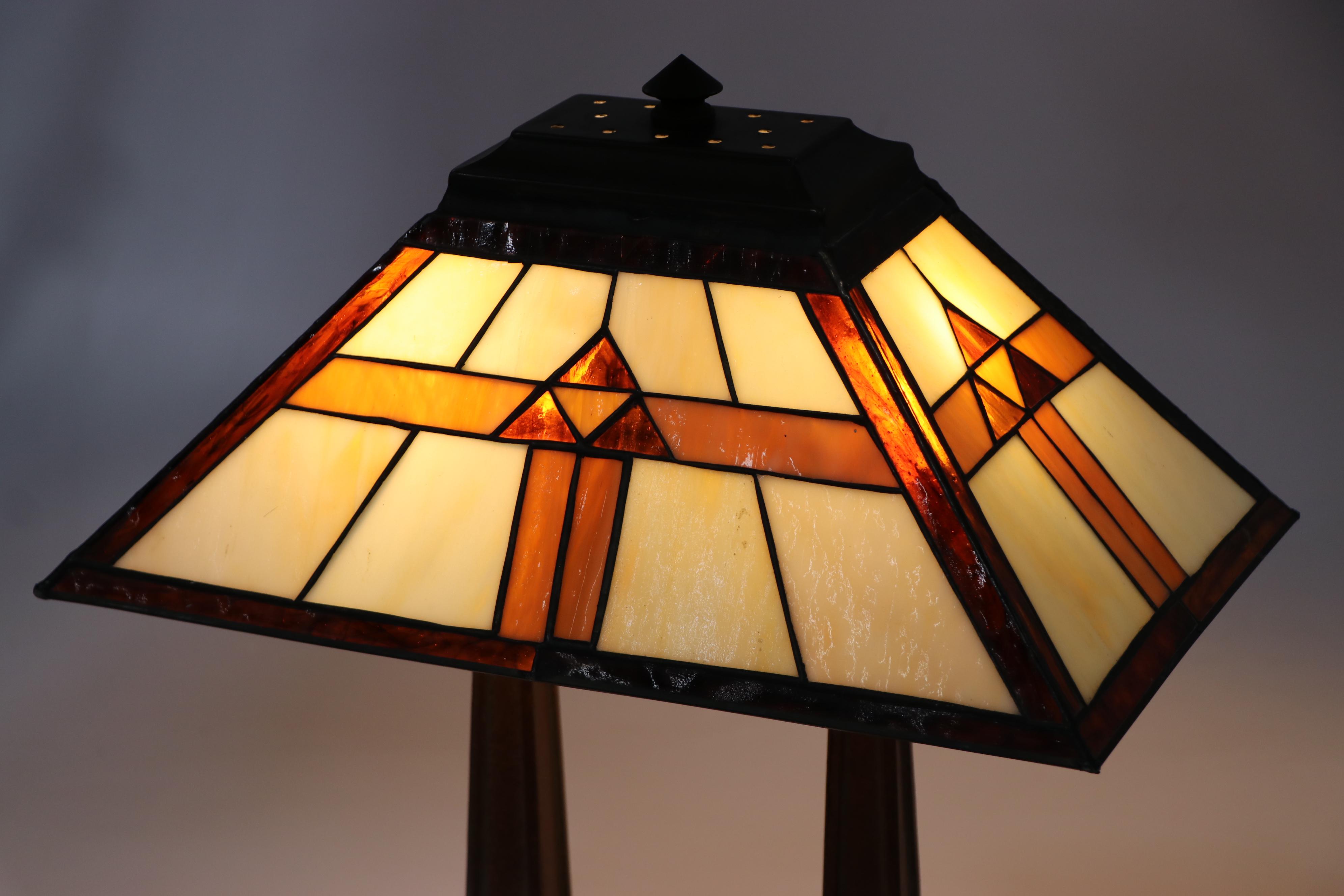 Art Deco Style Two Post Metal Table Lamp with Slag Glass Shade