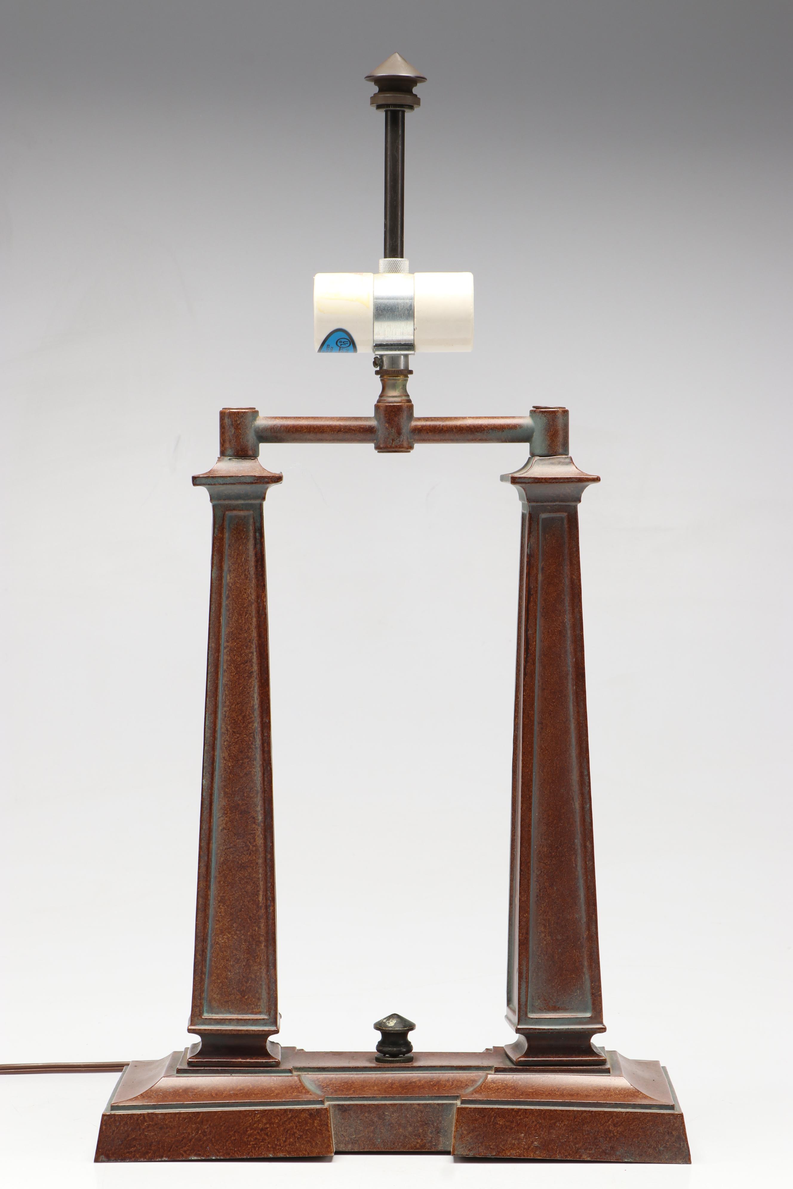 Art Deco Style Two Post Metal Table Lamp with Slag Glass Shade