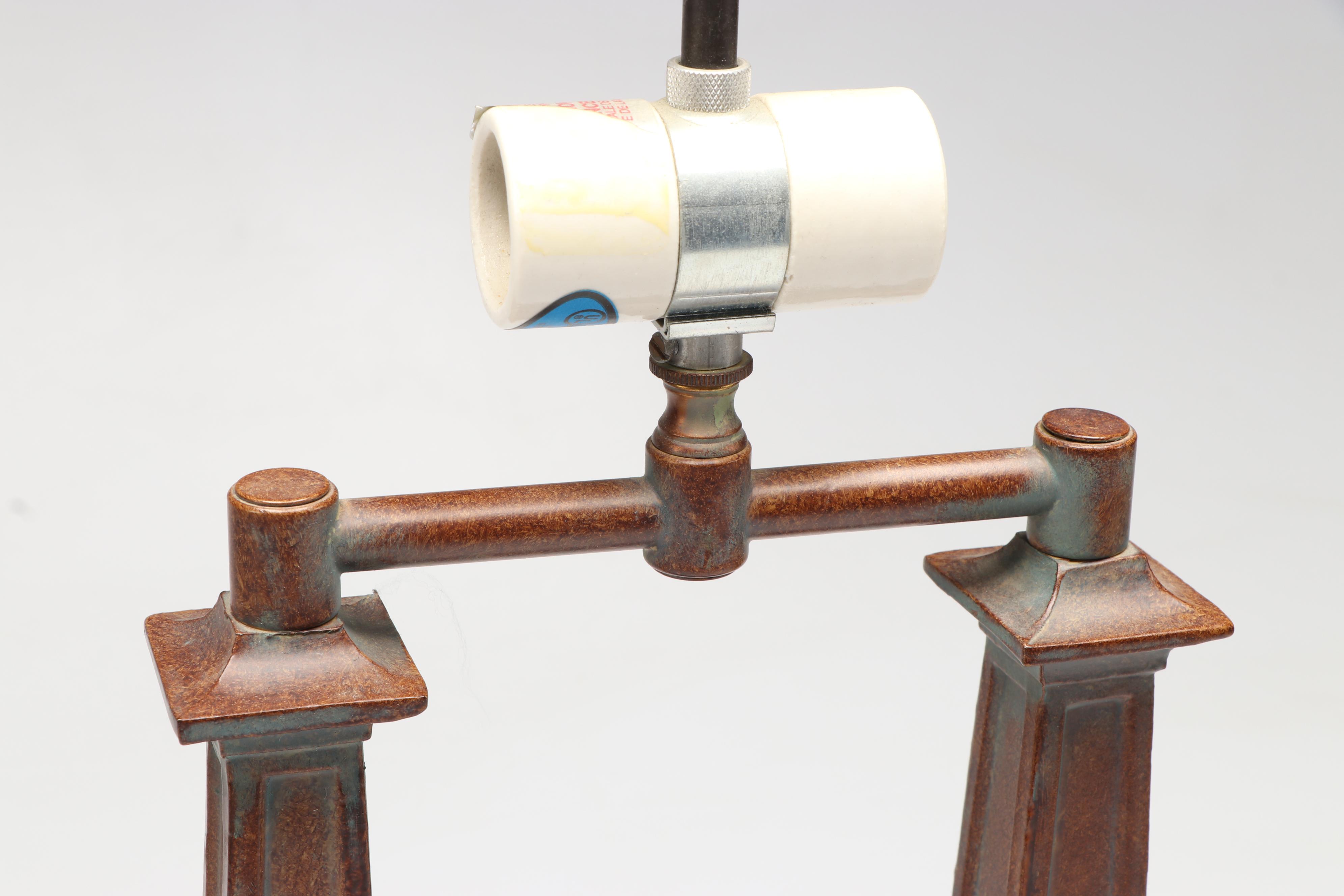 Art Deco Style Two Post Metal Table Lamp with Slag Glass Shade