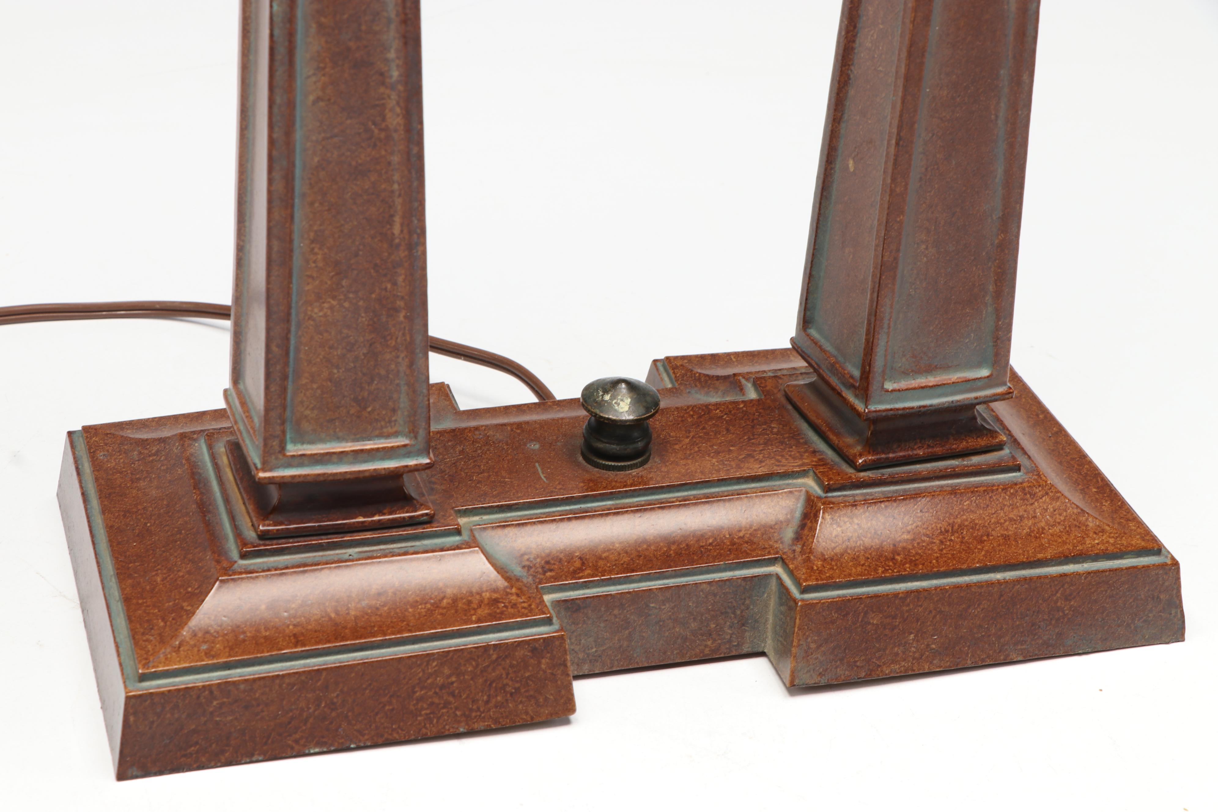 Art Deco Style Two Post Metal Table Lamp with Slag Glass Shade