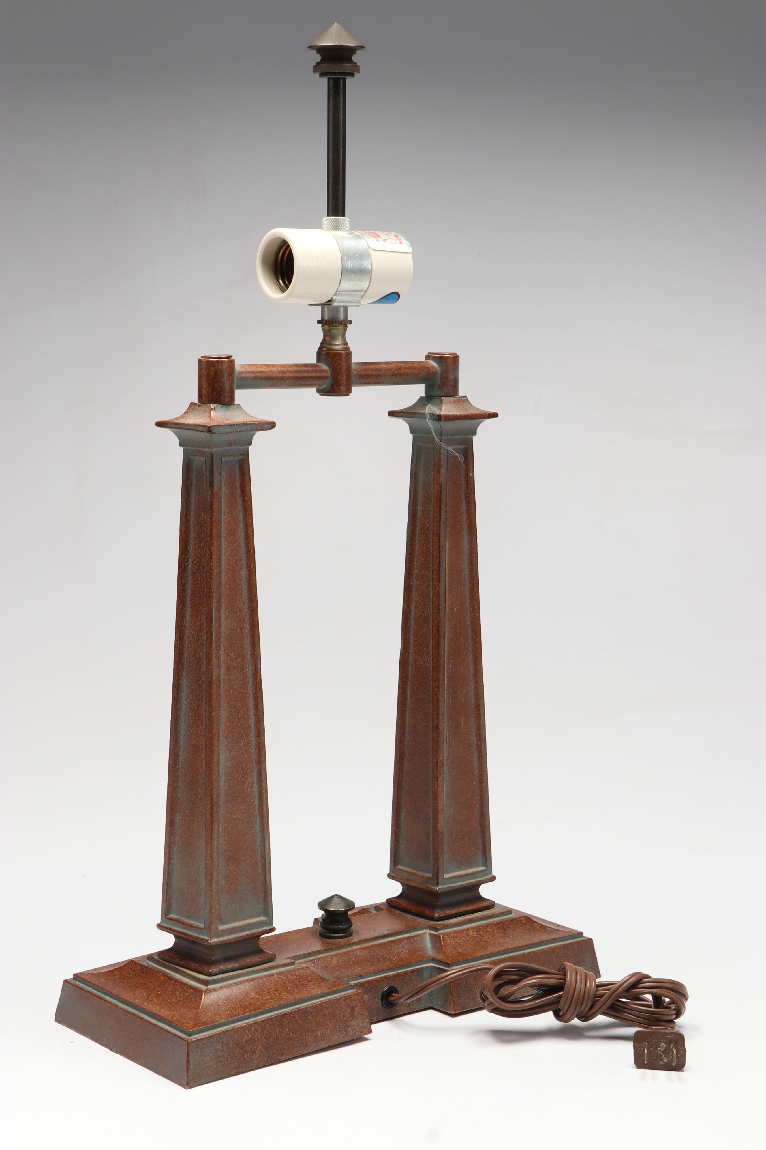 Art Deco Style Two Post Metal Table Lamp with Slag Glass Shade