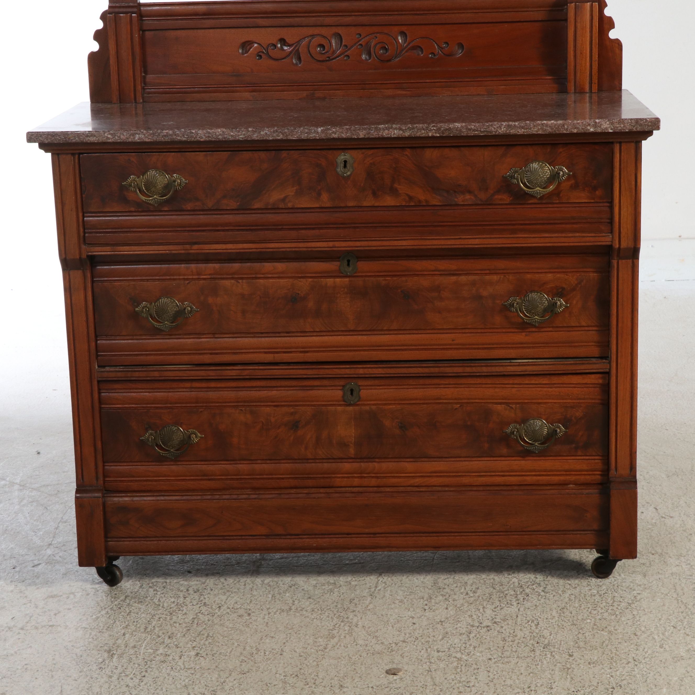 Victorian Eastlake Marble Top Walnut Dresser, Late 19th/Early 20th Century