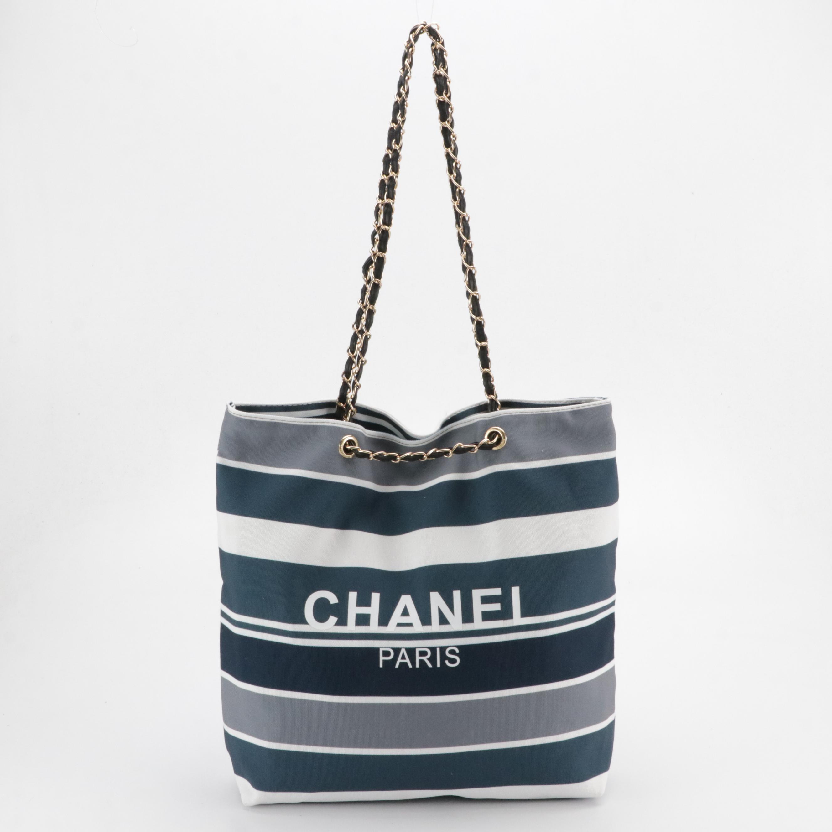 Chanel Promotional Tote in Striped Canvas with Black Woven Leather Straps