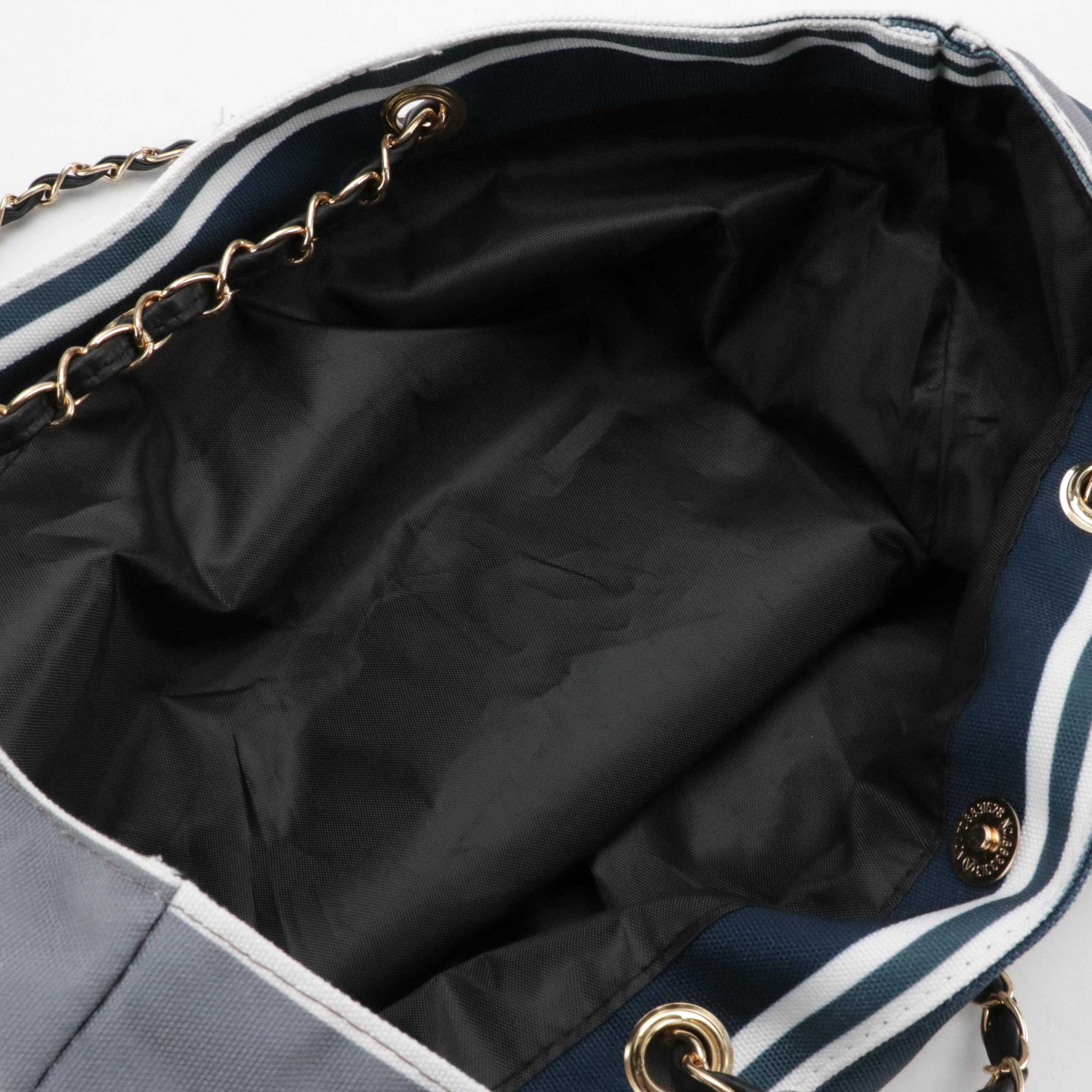 Chanel Promotional Tote in Striped Canvas with Black Woven Leather Straps