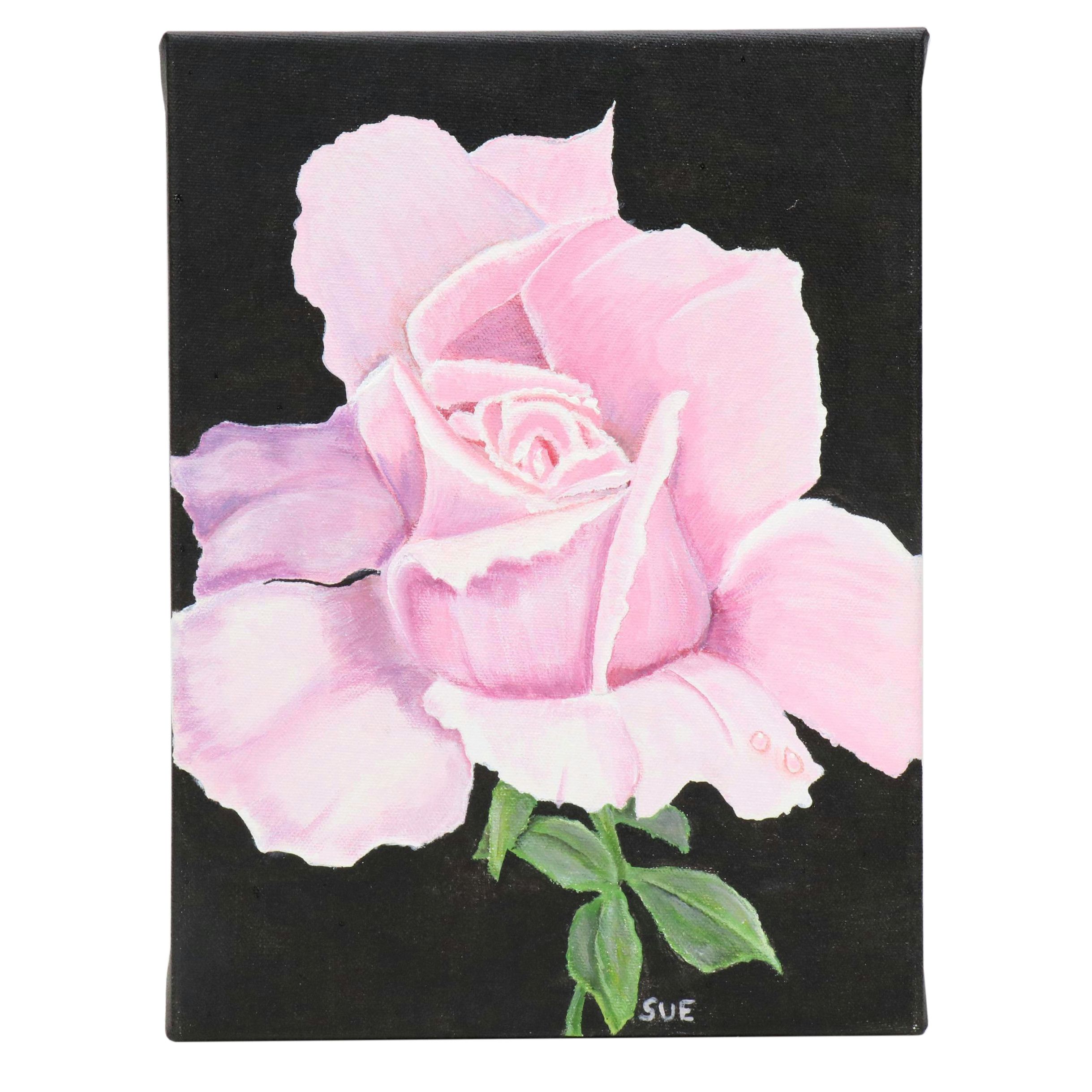 Sue Ervin Acrylic Painting of Pink Rose with Dewdrops, 21st Century