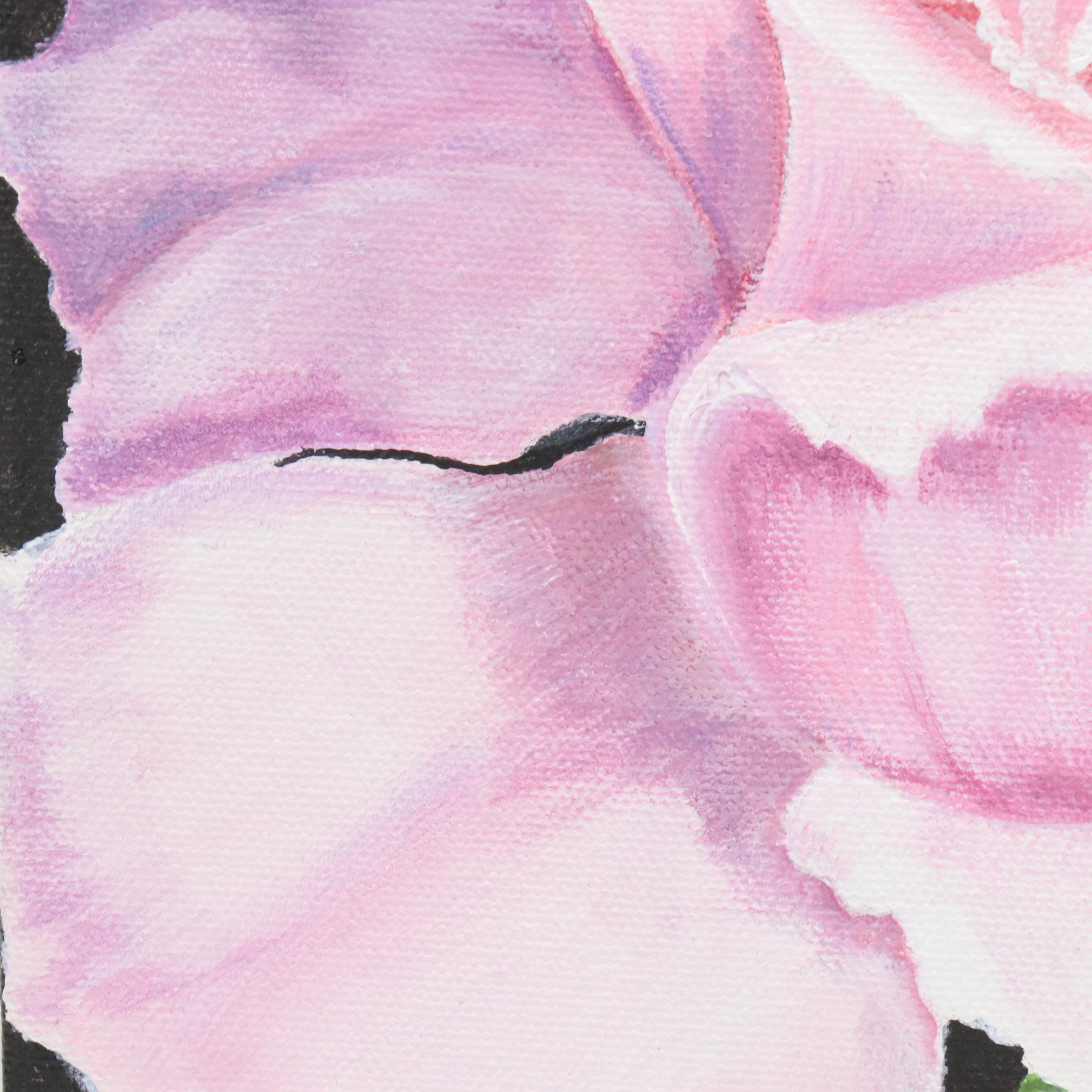 Sue Ervin Acrylic Painting of Pink Rose with Dewdrops, 21st Century