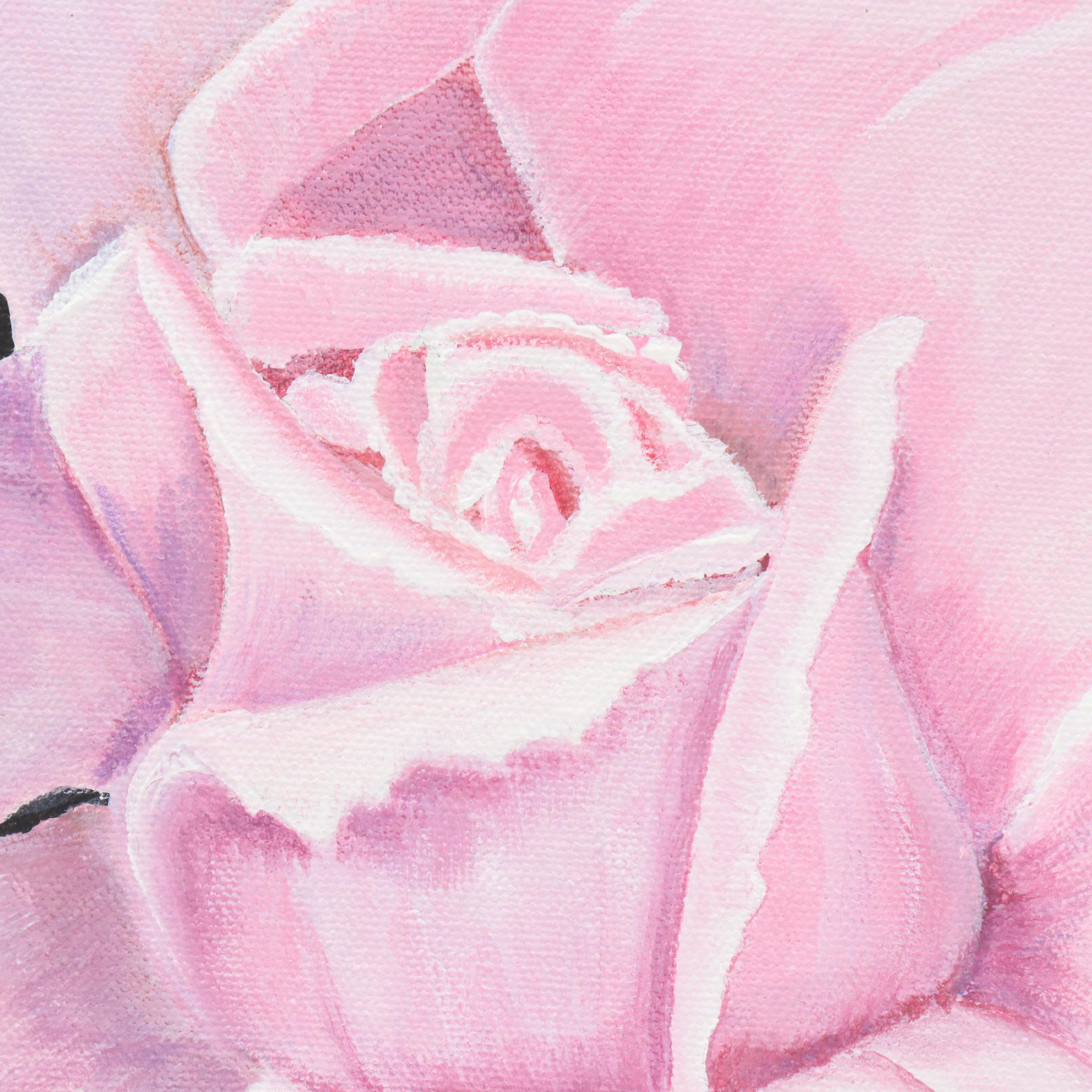 Sue Ervin Acrylic Painting of Pink Rose with Dewdrops, 21st Century