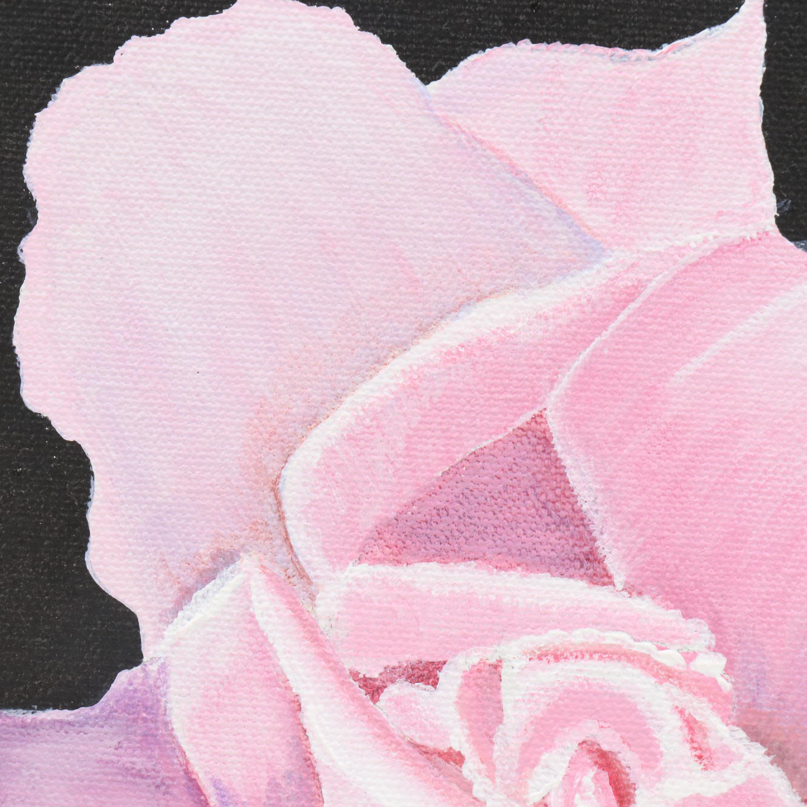 Sue Ervin Acrylic Painting of Pink Rose with Dewdrops, 21st Century