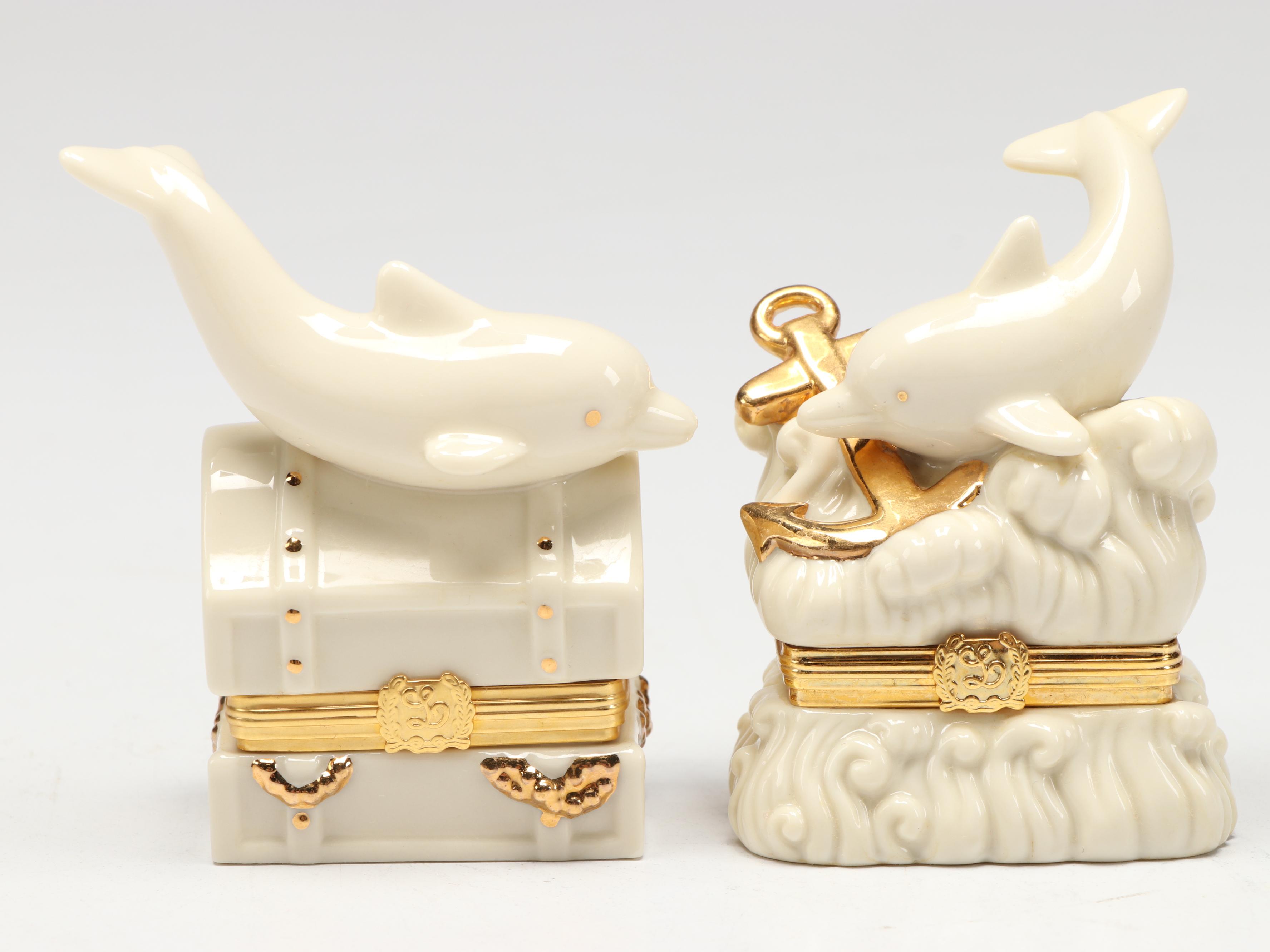 Lenox "Undersea Anchor" and More Dolphin Porcelain Boxes with Wood Shelves