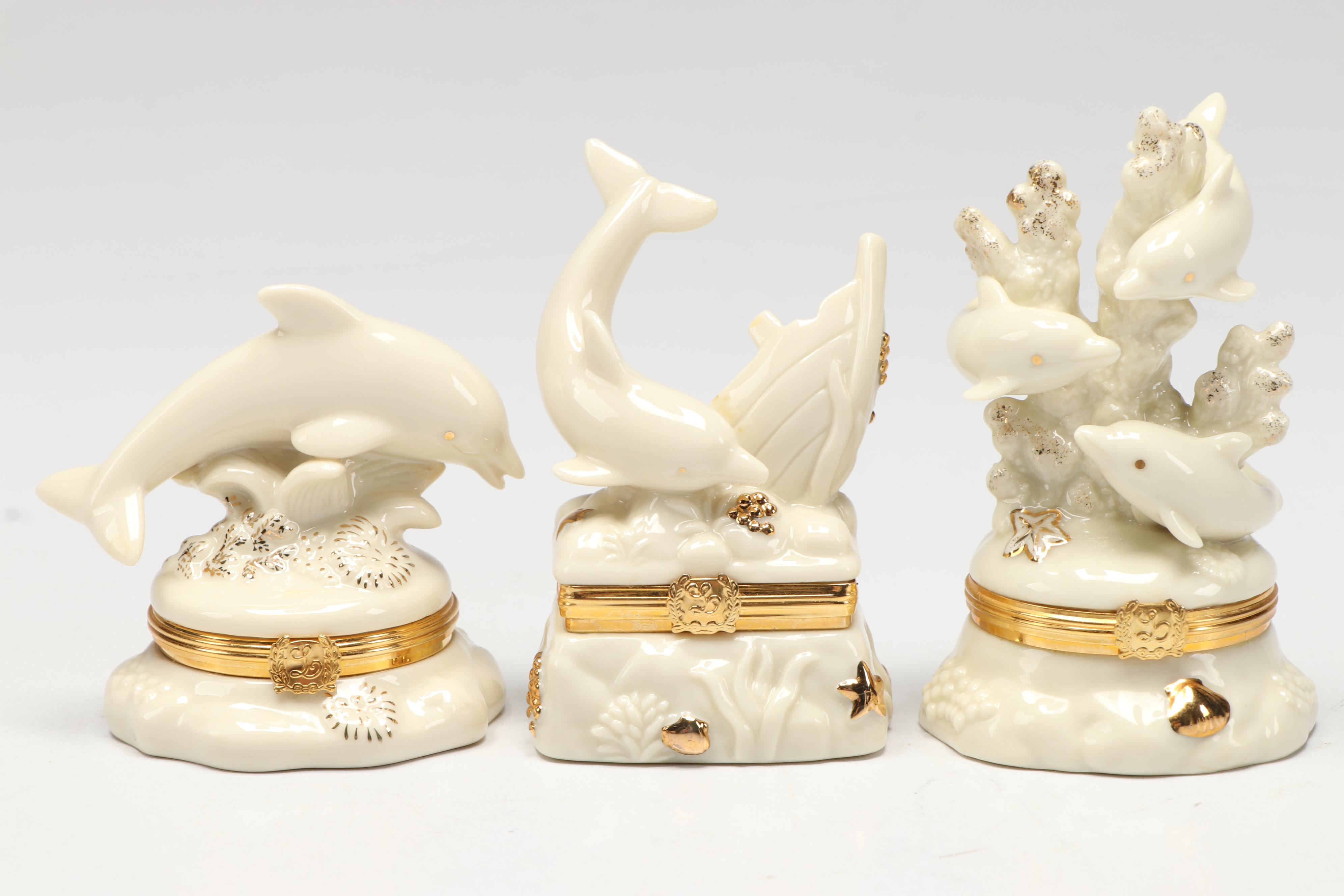 Lenox "Undersea Anchor" and More Dolphin Porcelain Boxes with Wood Shelves