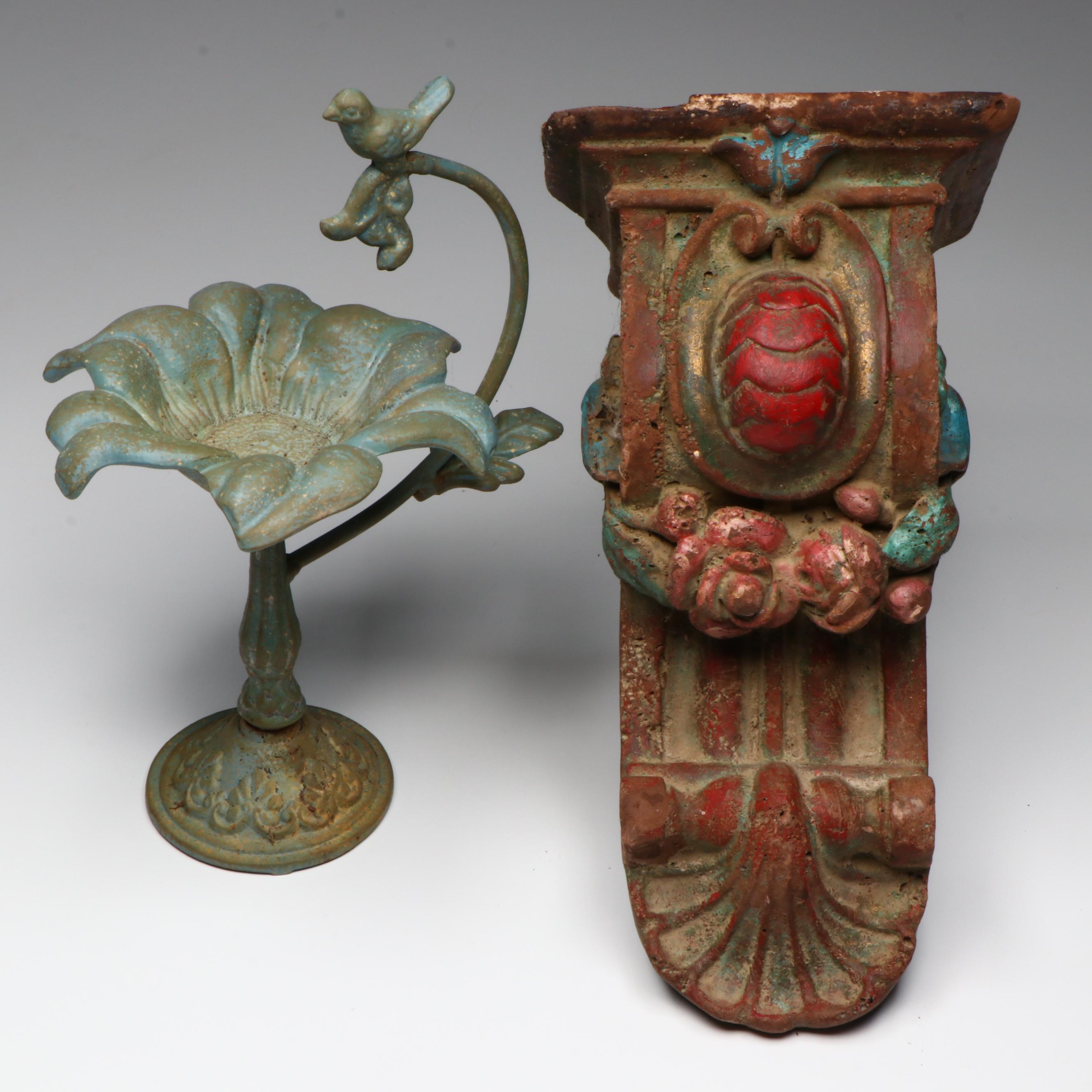 Antique Ornate Floral Wood Corbel with Oxidized Floral Metal Decorative Bowl