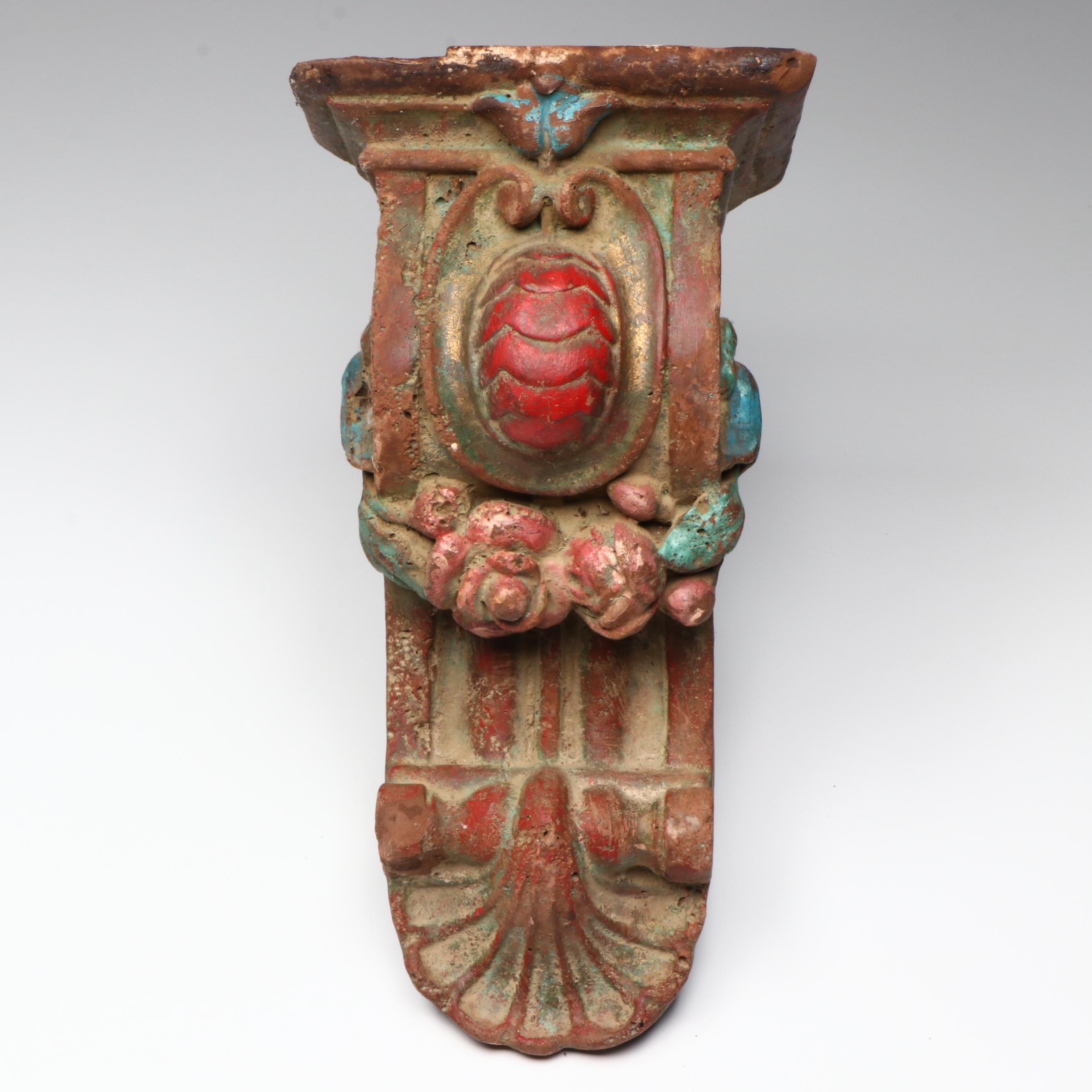 Antique Ornate Floral Wood Corbel with Oxidized Floral Metal Decorative Bowl