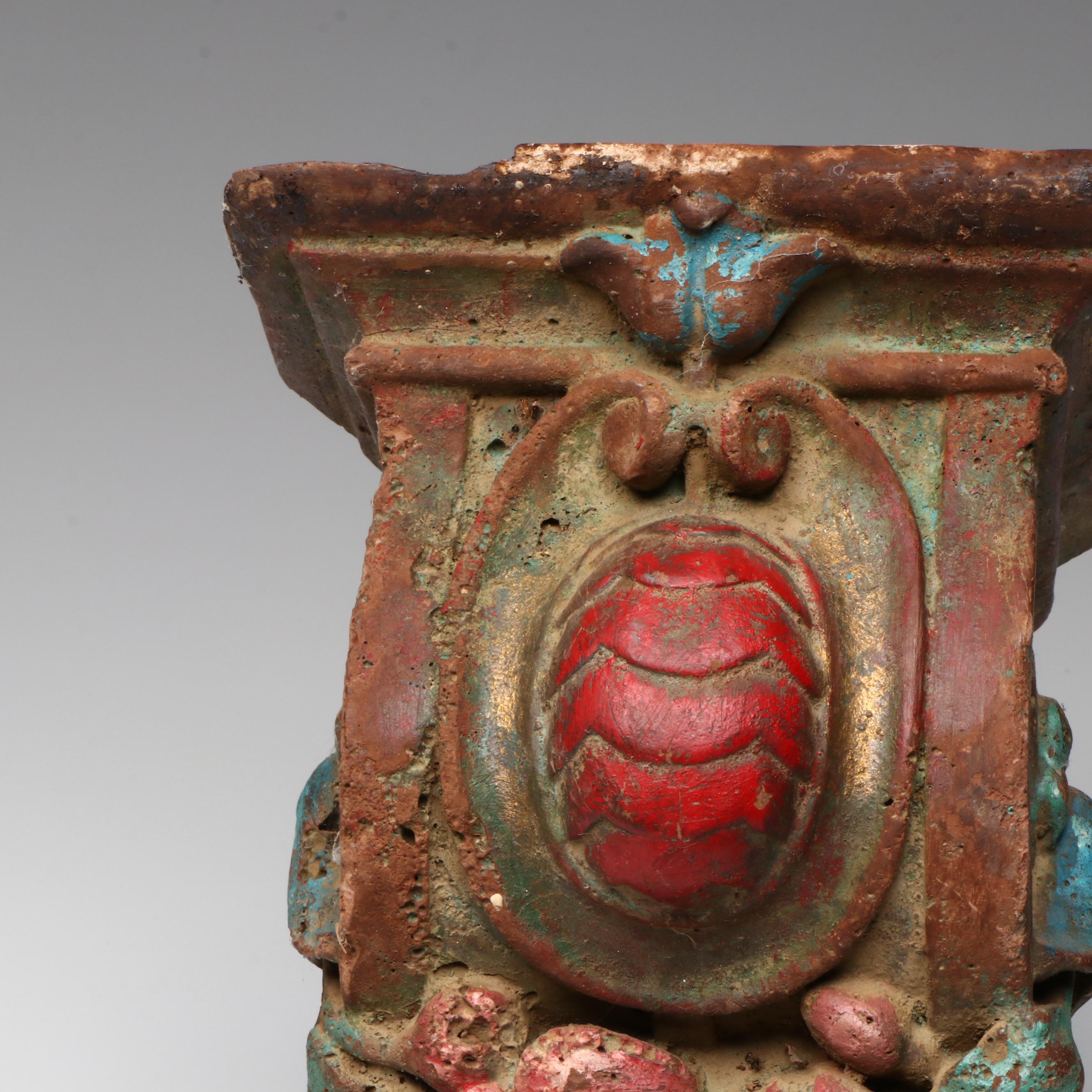 Antique Ornate Floral Wood Corbel with Oxidized Floral Metal Decorative Bowl