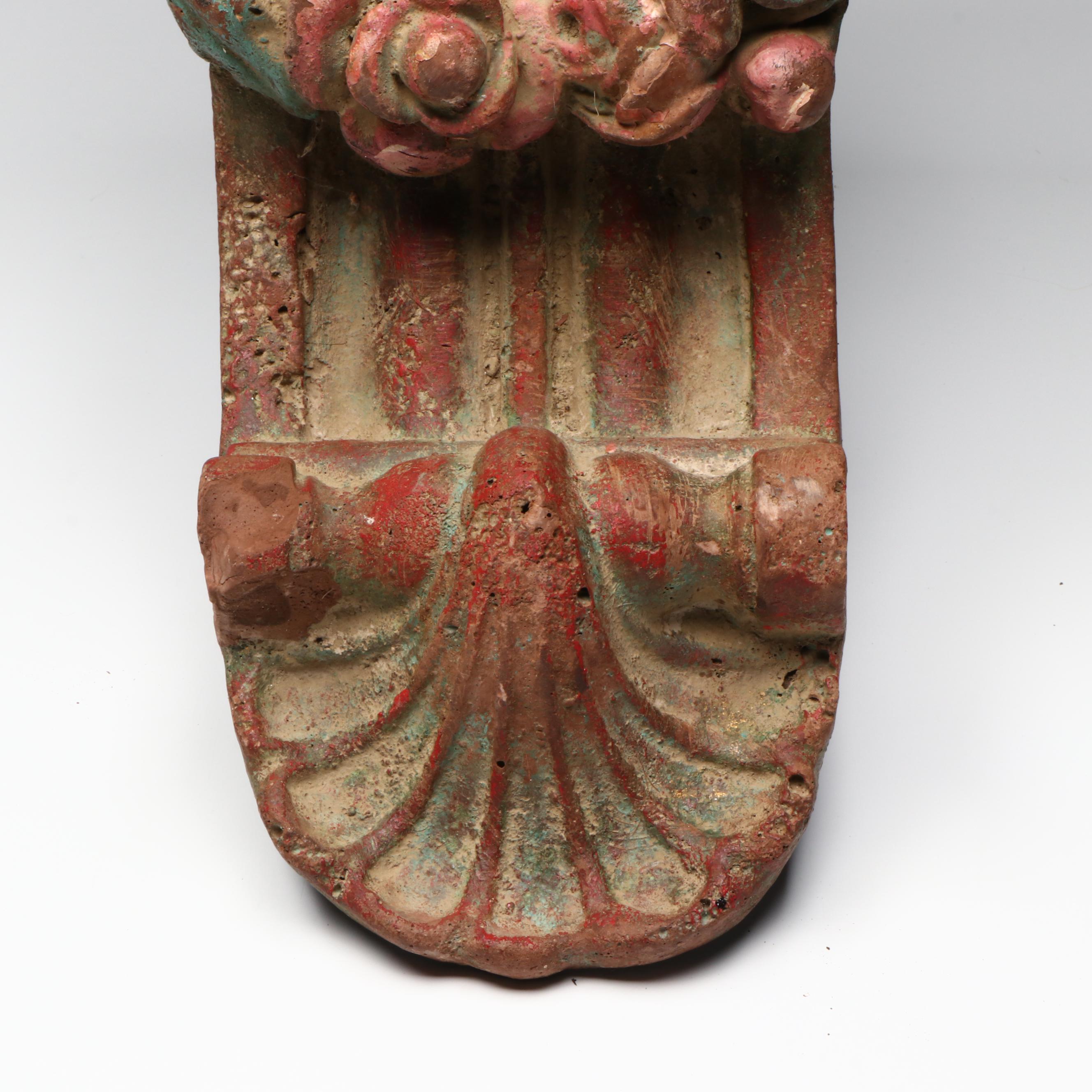 Antique Ornate Floral Wood Corbel with Oxidized Floral Metal Decorative Bowl