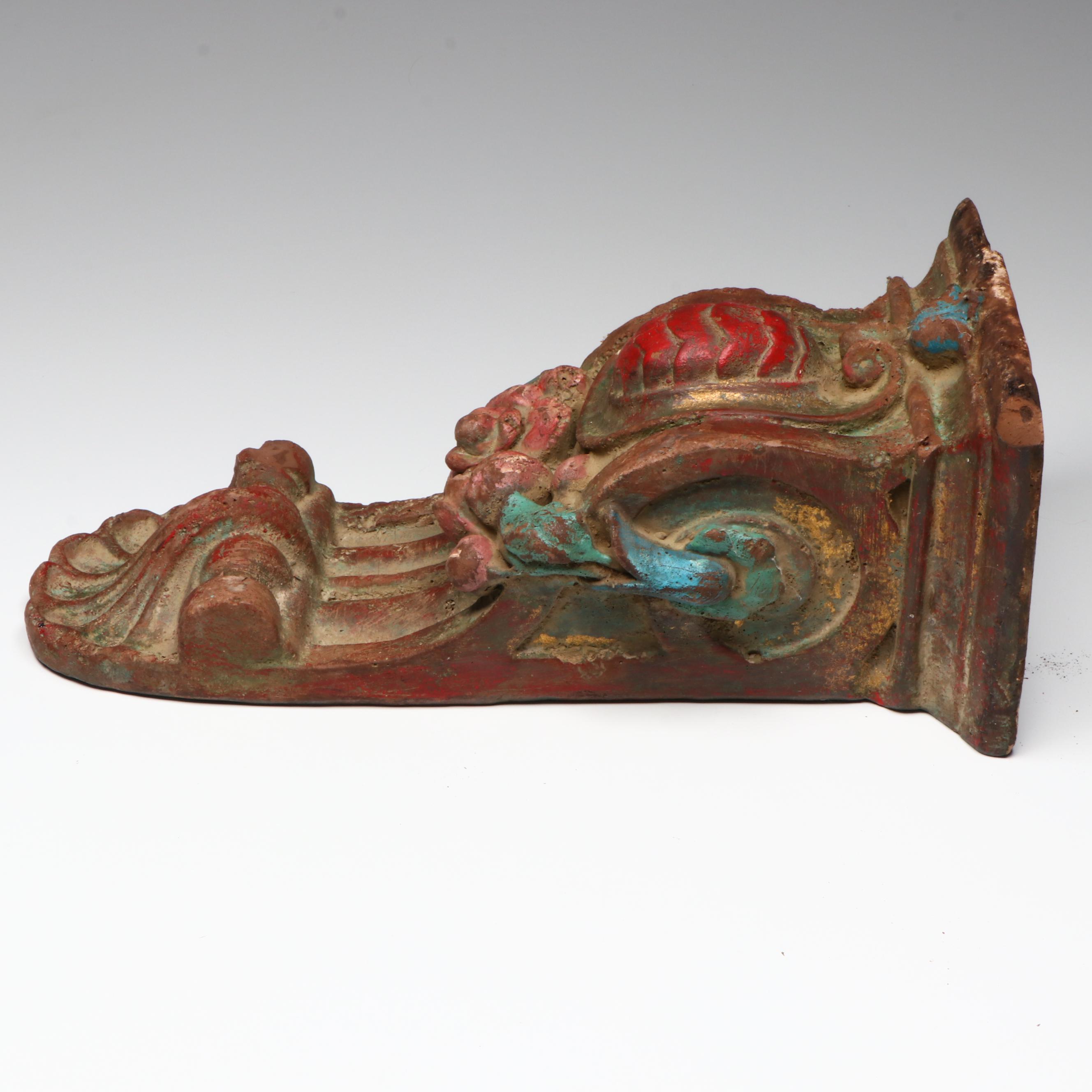 Antique Ornate Floral Wood Corbel with Oxidized Floral Metal Decorative Bowl