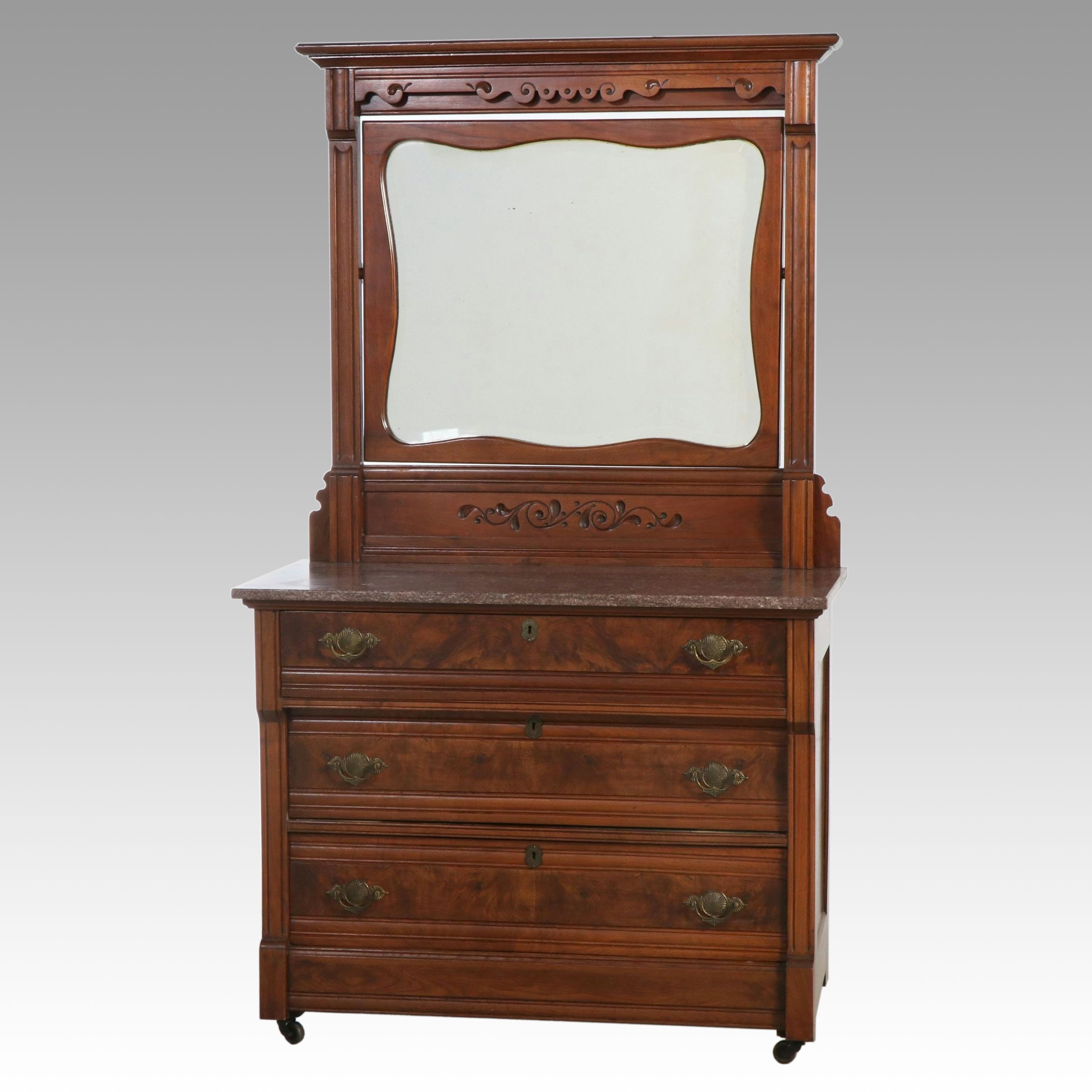 Victorian Eastlake Marble Top Walnut Dresser, Late 19th/Early 20th Century