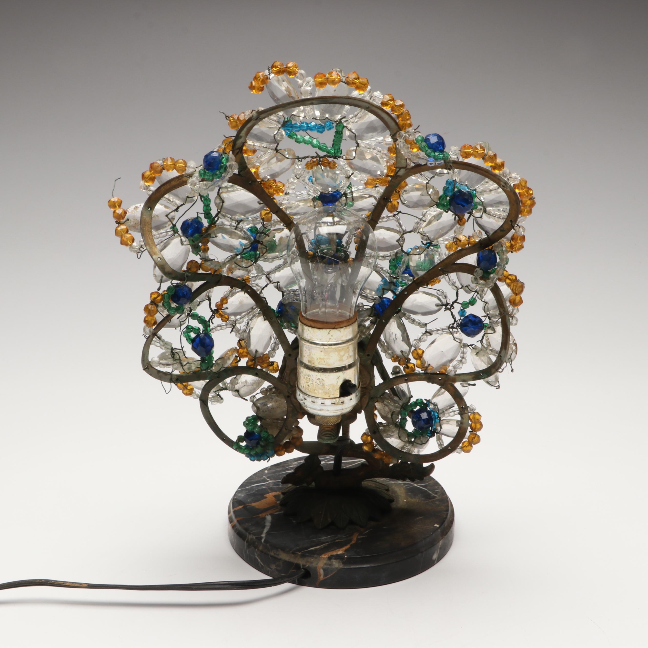 Bohemian Gilt Bronze and Beaded Glass Peacock Lamp, Early to Mid-20th Century