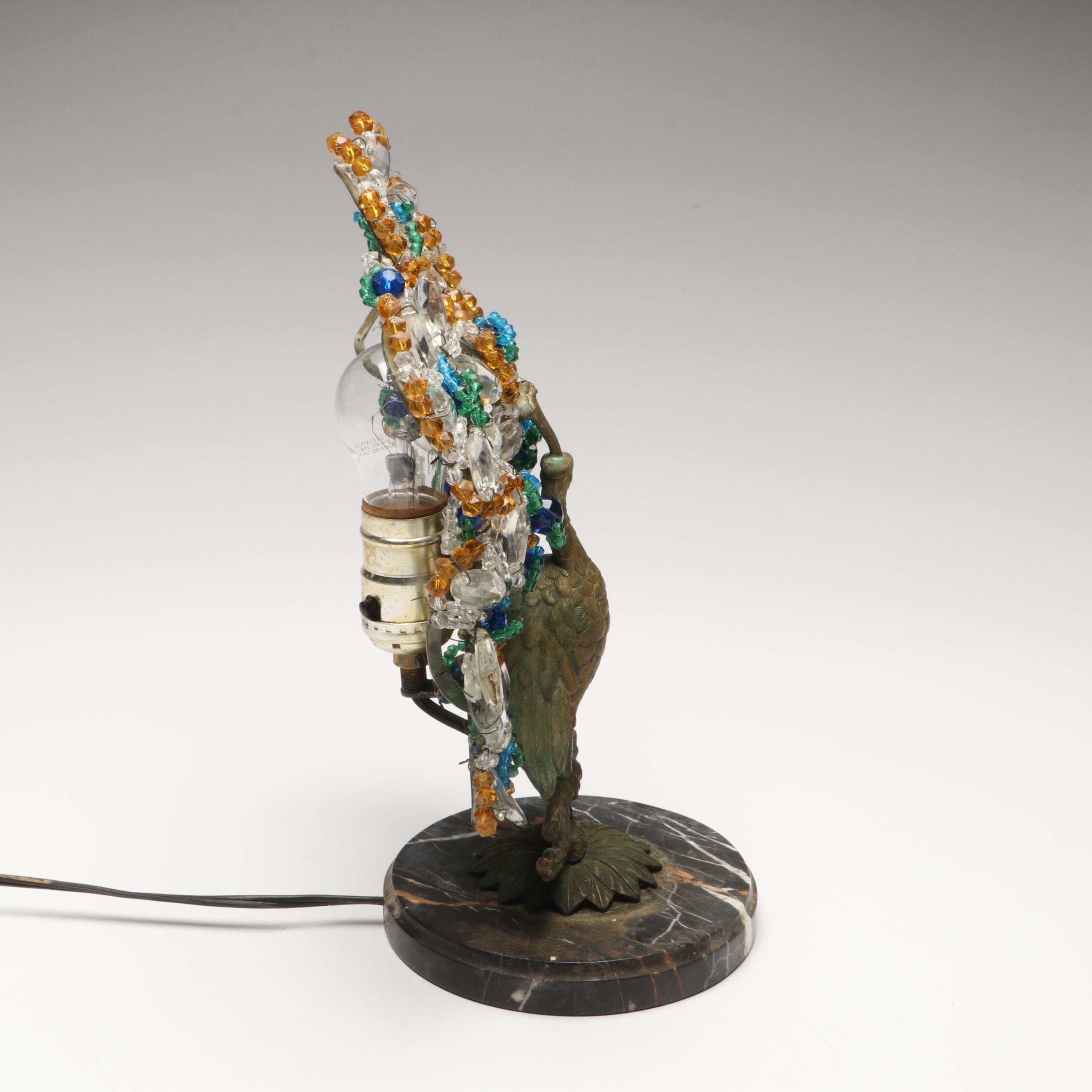 Bohemian Gilt Bronze and Beaded Glass Peacock Lamp, Early to Mid-20th Century