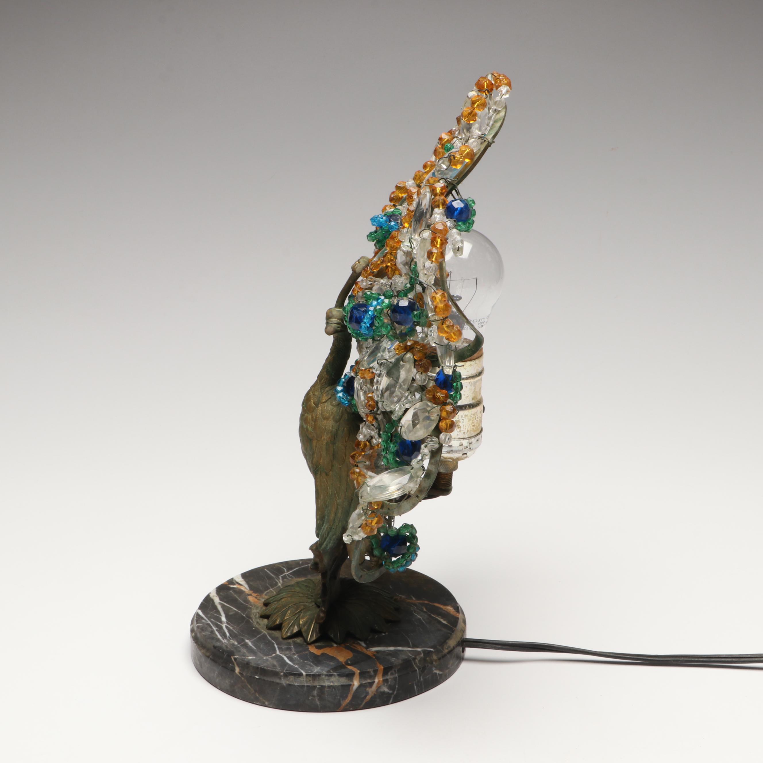 Bohemian Gilt Bronze and Beaded Glass Peacock Lamp, Early to Mid-20th Century