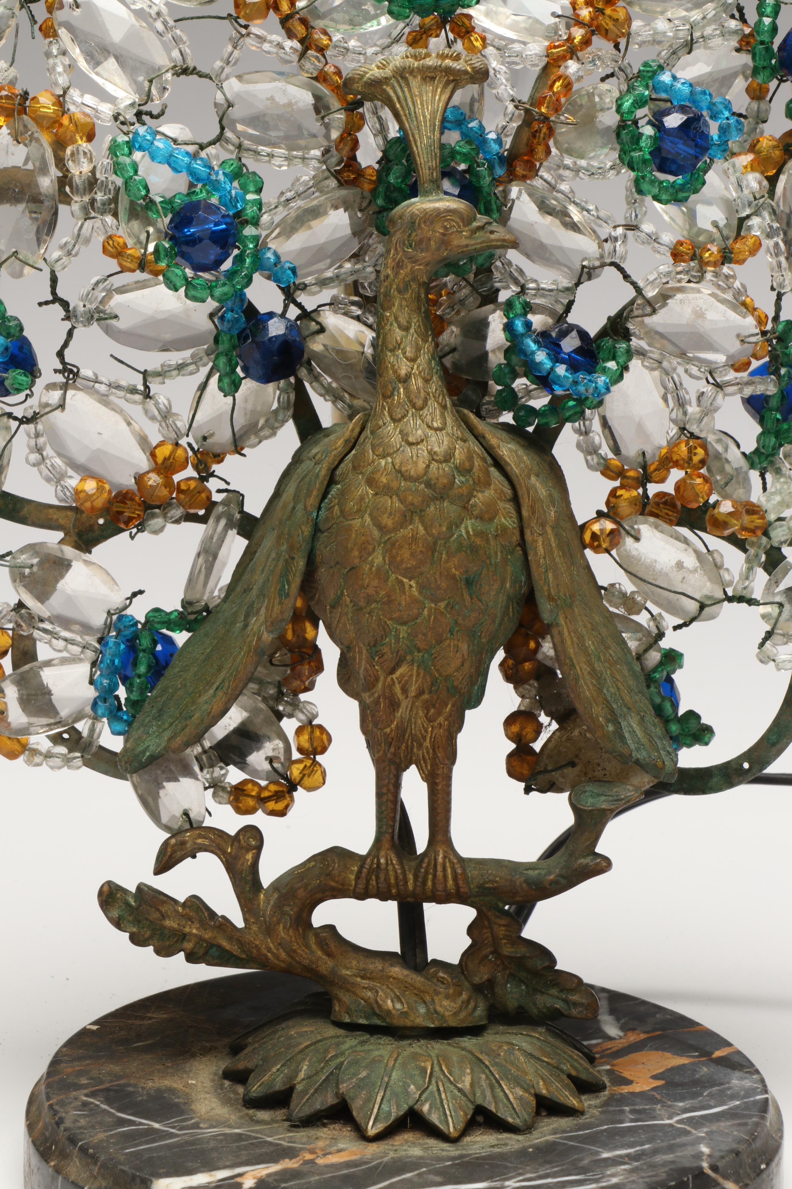 Bohemian Gilt Bronze and Beaded Glass Peacock Lamp, Early to Mid-20th Century