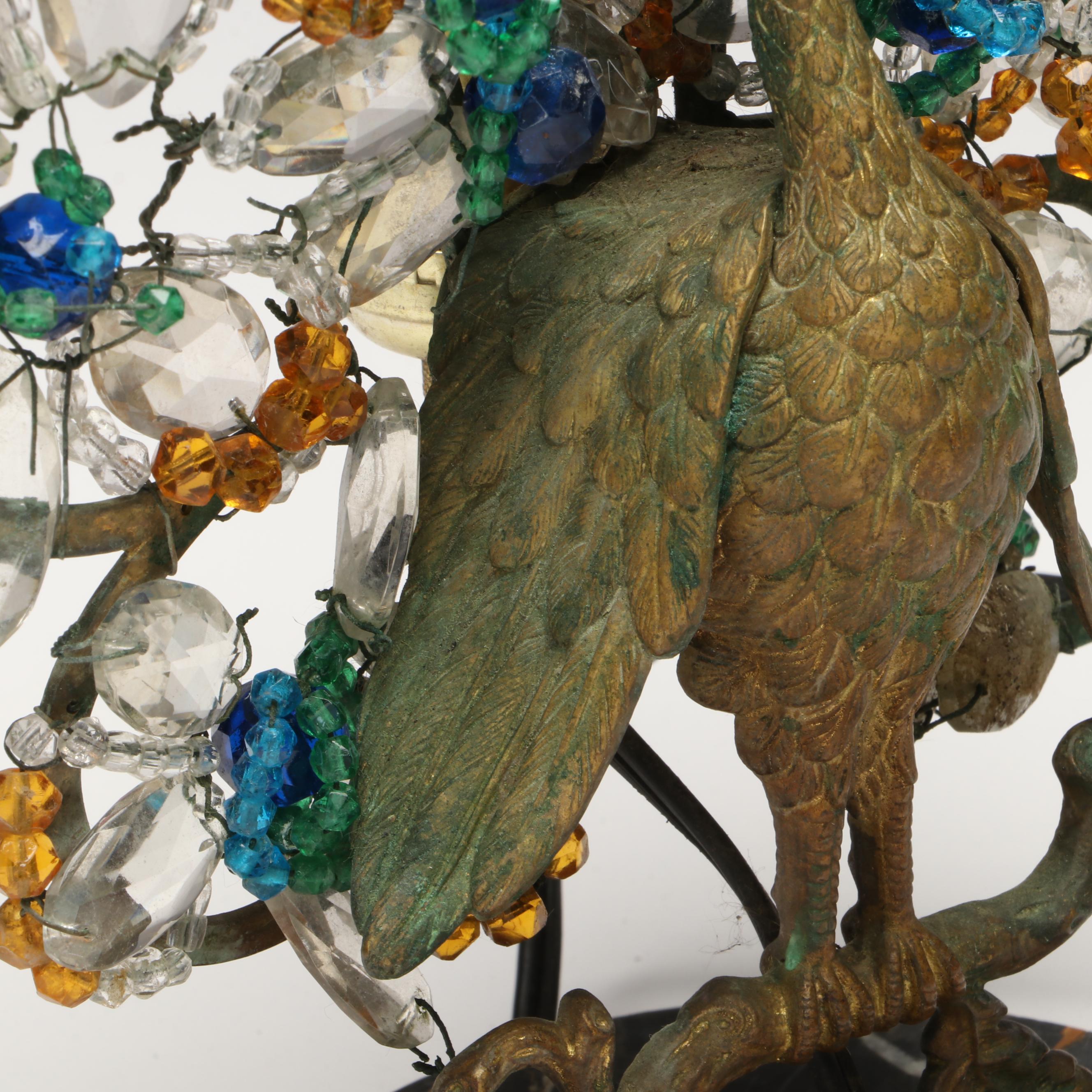 Bohemian Gilt Bronze and Beaded Glass Peacock Lamp, Early to Mid-20th Century
