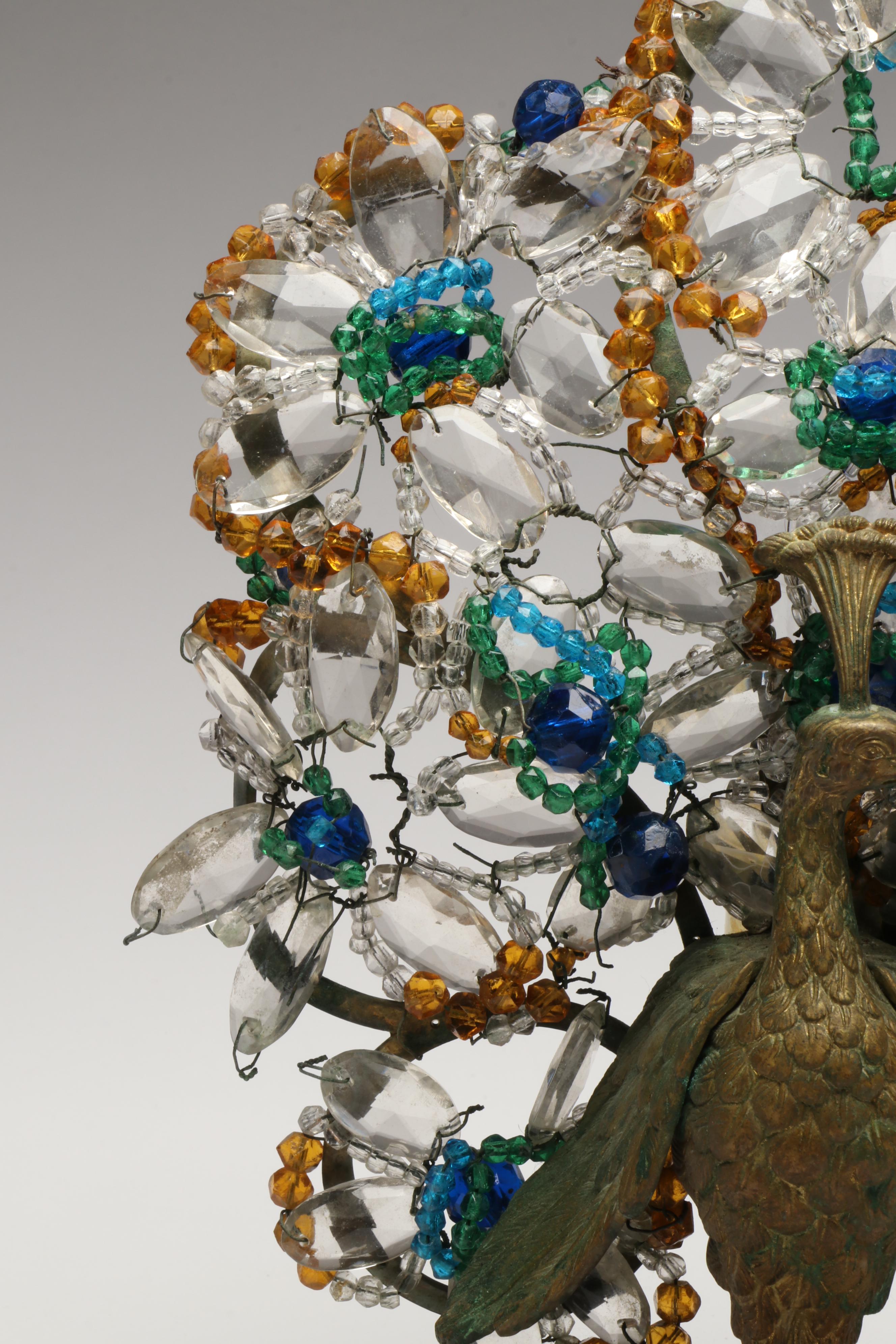 Bohemian Gilt Bronze and Beaded Glass Peacock Lamp, Early to Mid-20th Century
