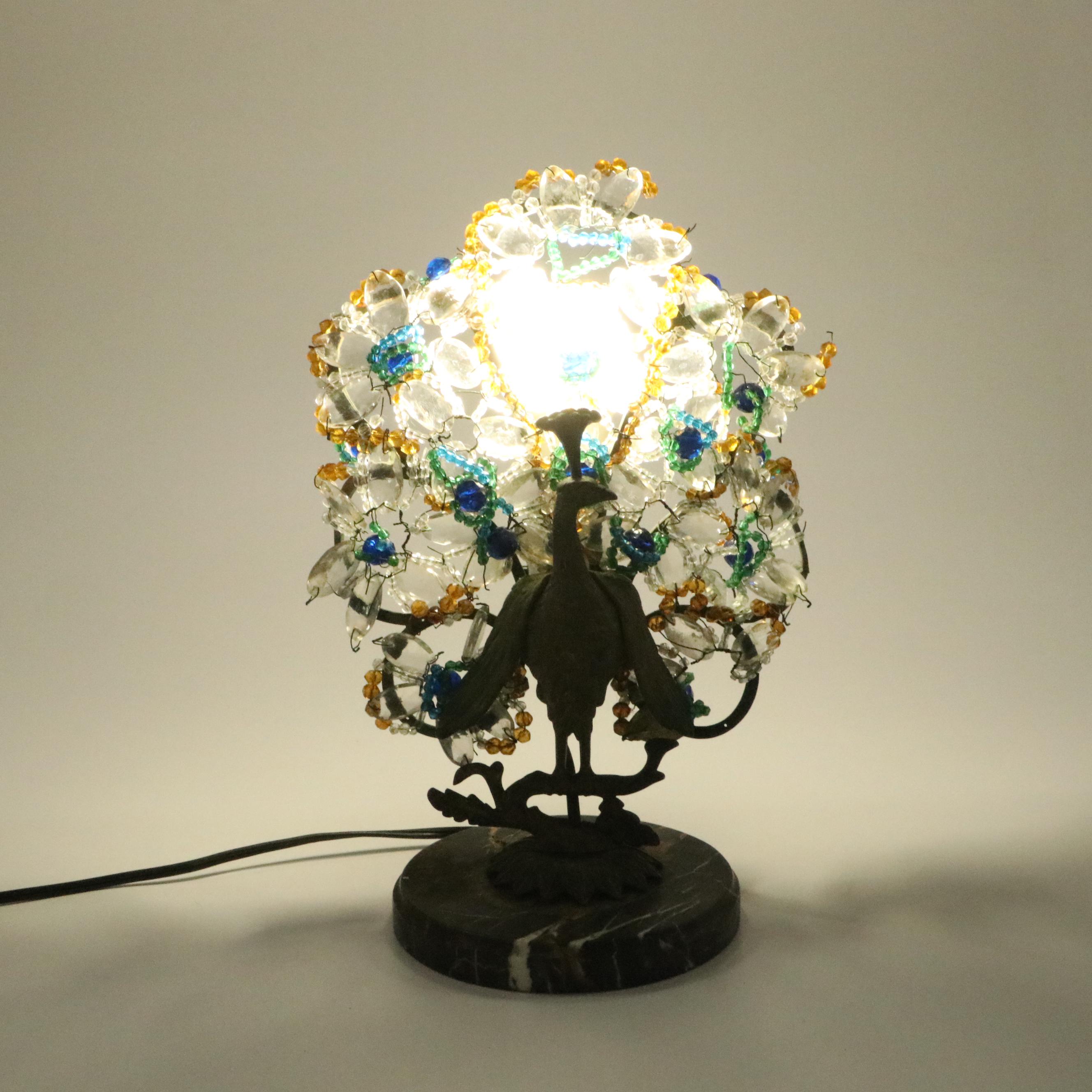 Bohemian Gilt Bronze and Beaded Glass Peacock Lamp, Early to Mid-20th Century