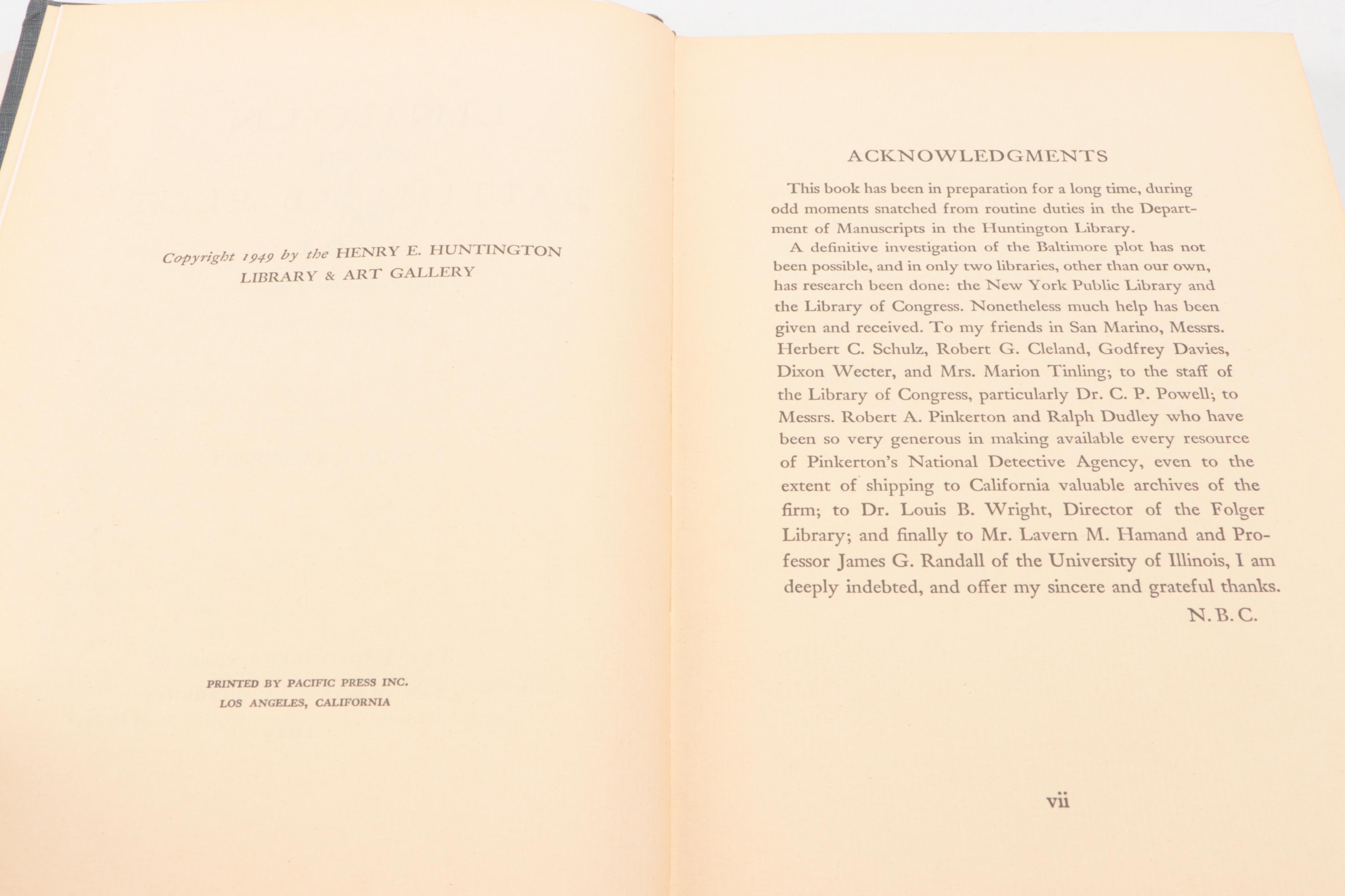 First Edition "Lincoln and the Baltimore Plot, 1861" and More Lincoln Books