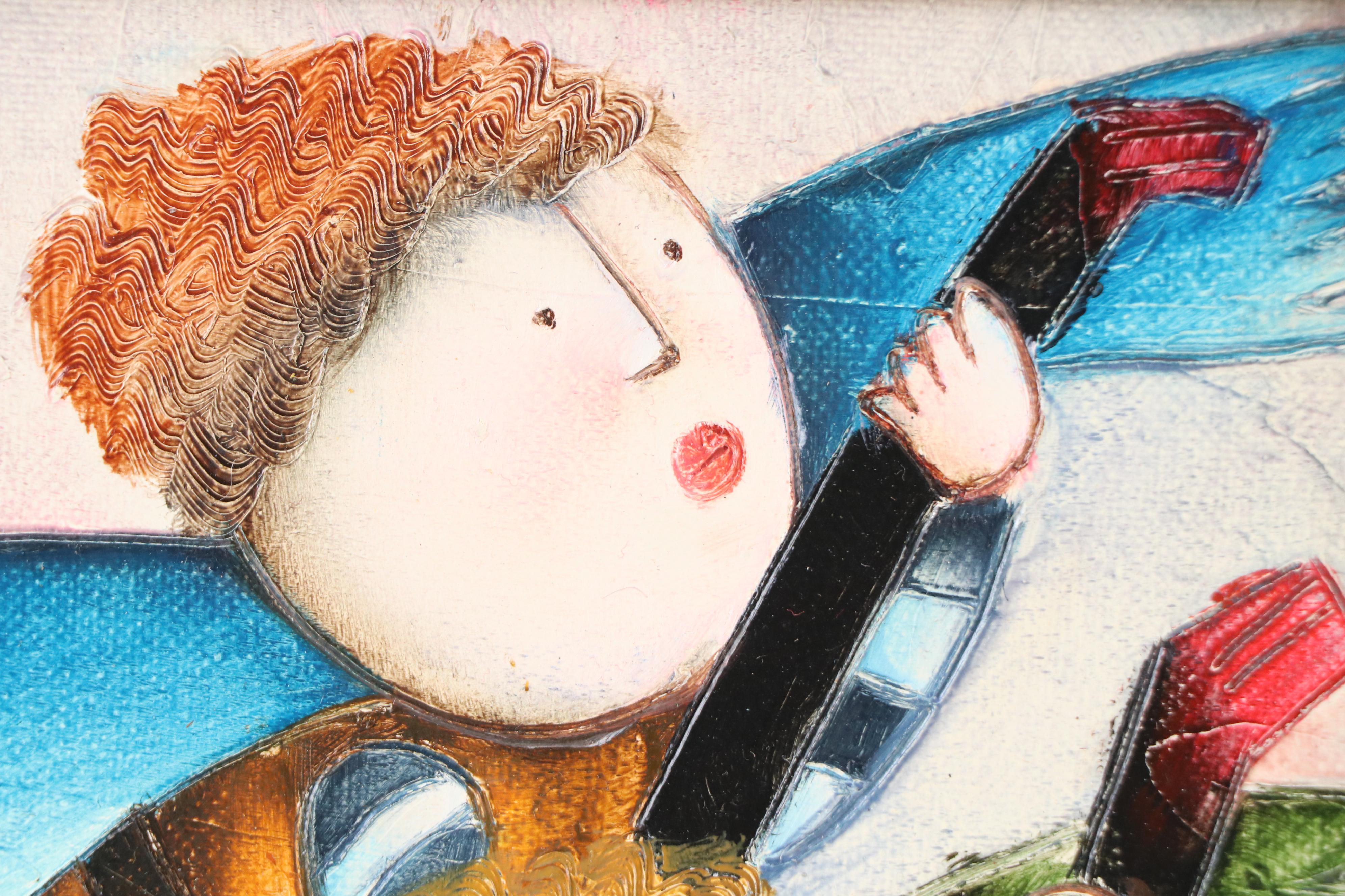 Joyce Roybal Folk Art Style Acrylic Painting of Angel Children With Lutes