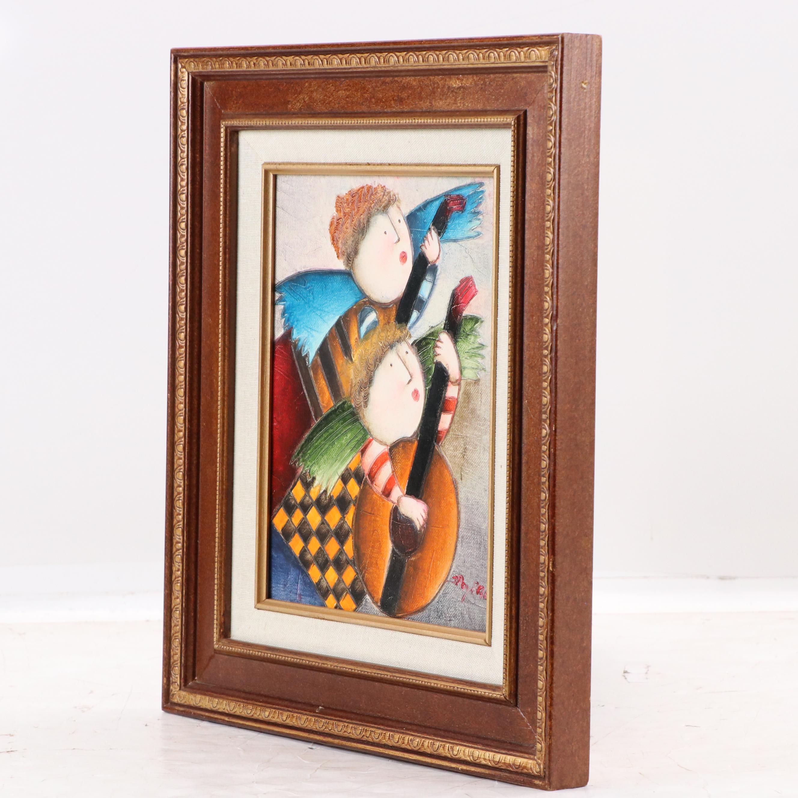 Joyce Roybal Folk Art Style Acrylic Painting of Angel Children With Lutes