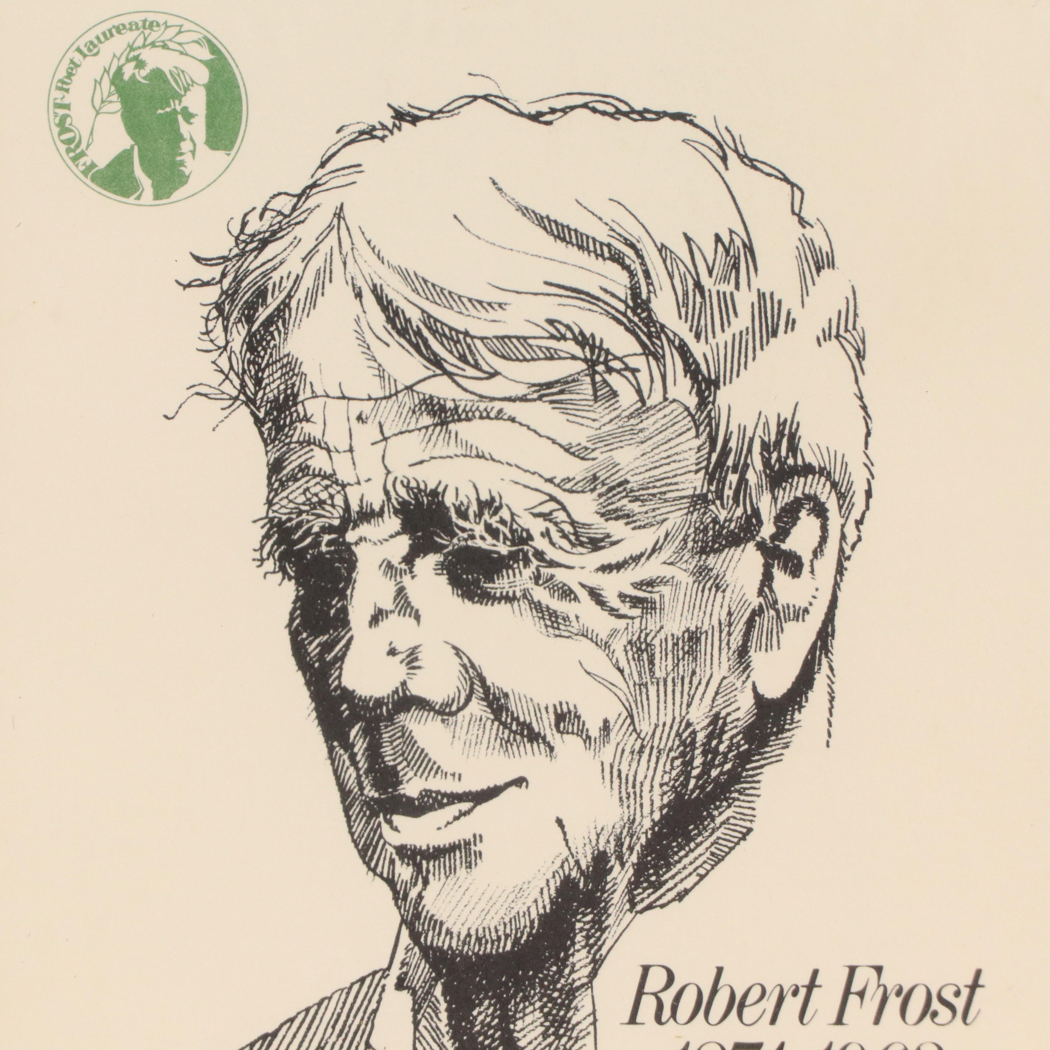 Lithograph Portrait of Robert Frost After Fred Labitzke with Stamp, 1974