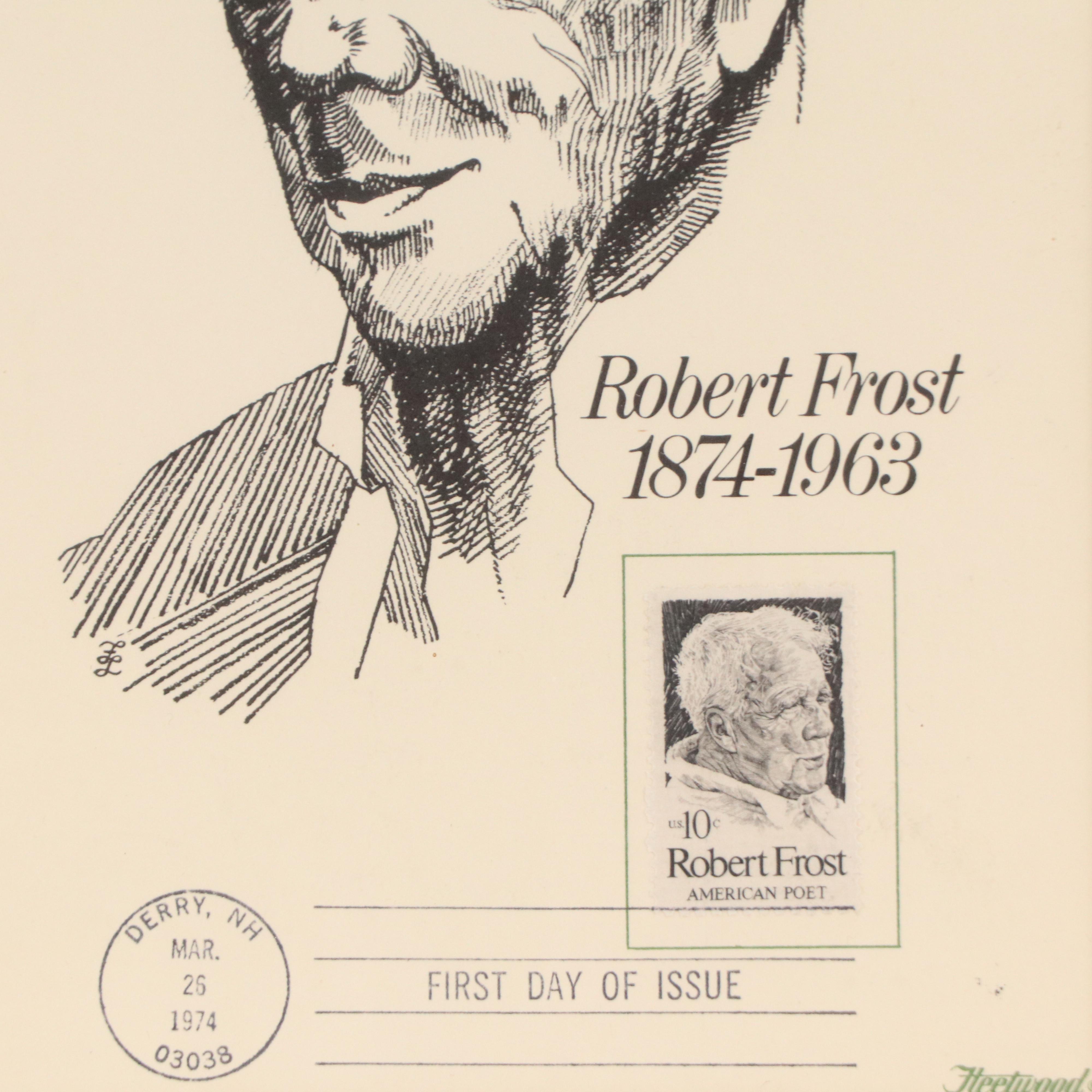 Lithograph Portrait of Robert Frost After Fred Labitzke with Stamp, 1974