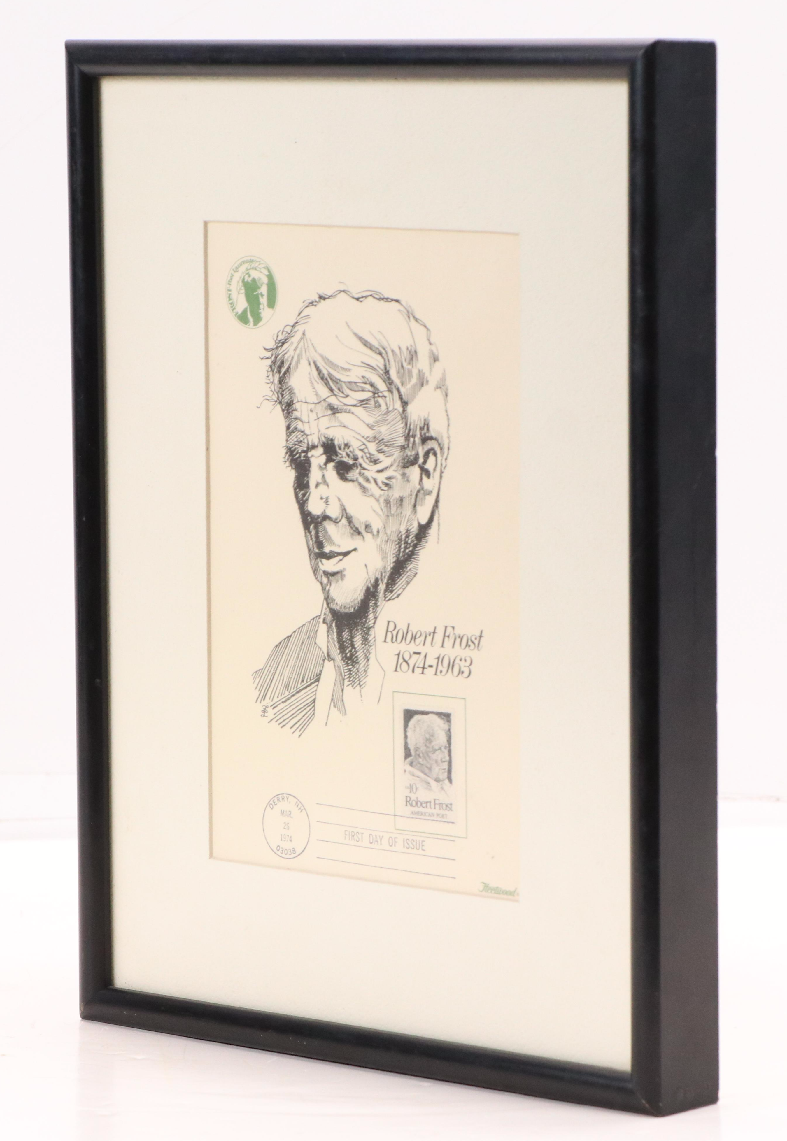 Lithograph Portrait of Robert Frost After Fred Labitzke with Stamp, 1974