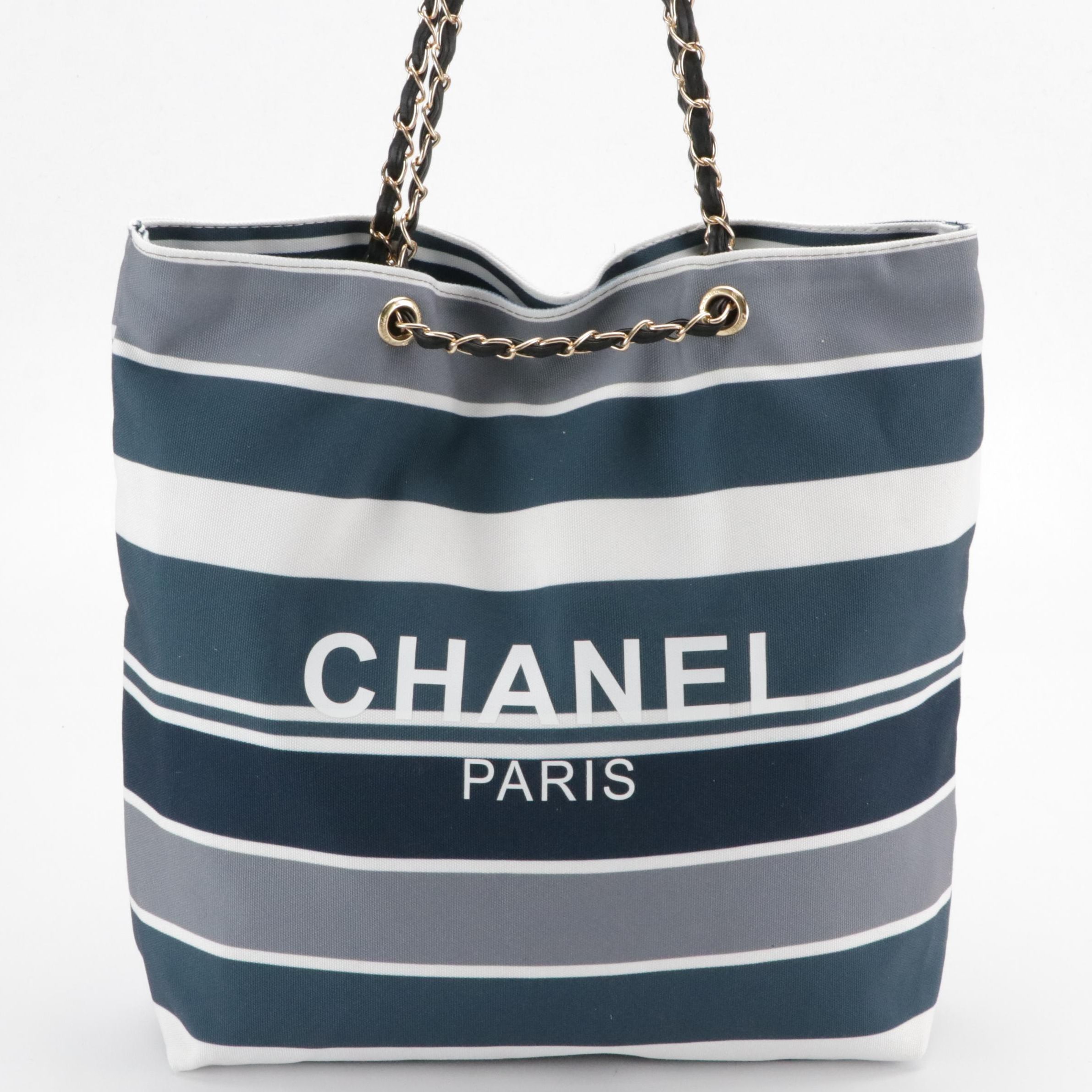 Chanel Promotional Tote in Striped Canvas with Black Woven Leather Straps
