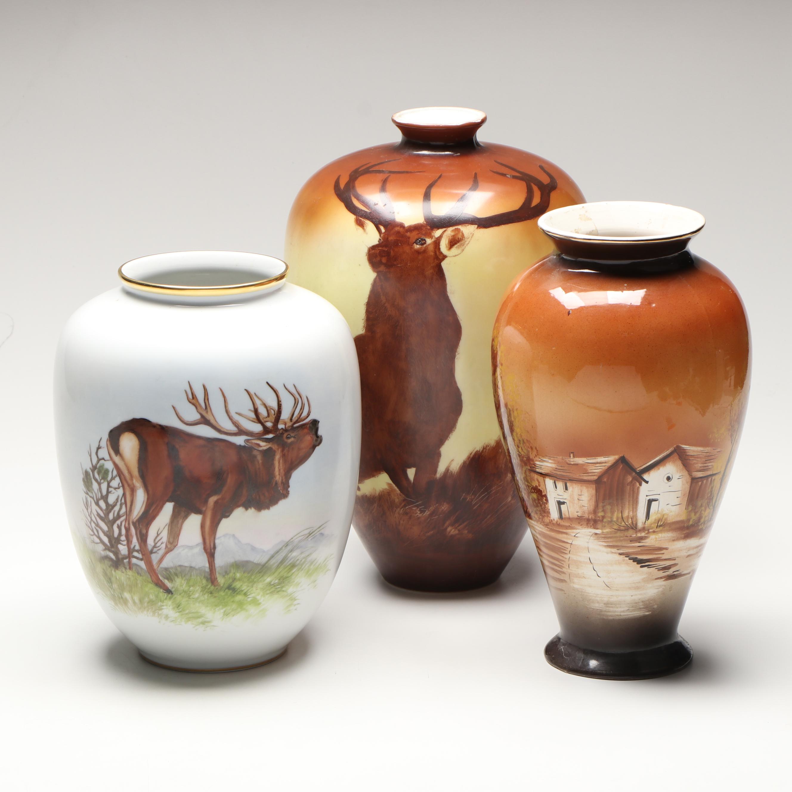 Rosenthal with Portuguese and Other Hand-Painted Elk and Scenic Vases