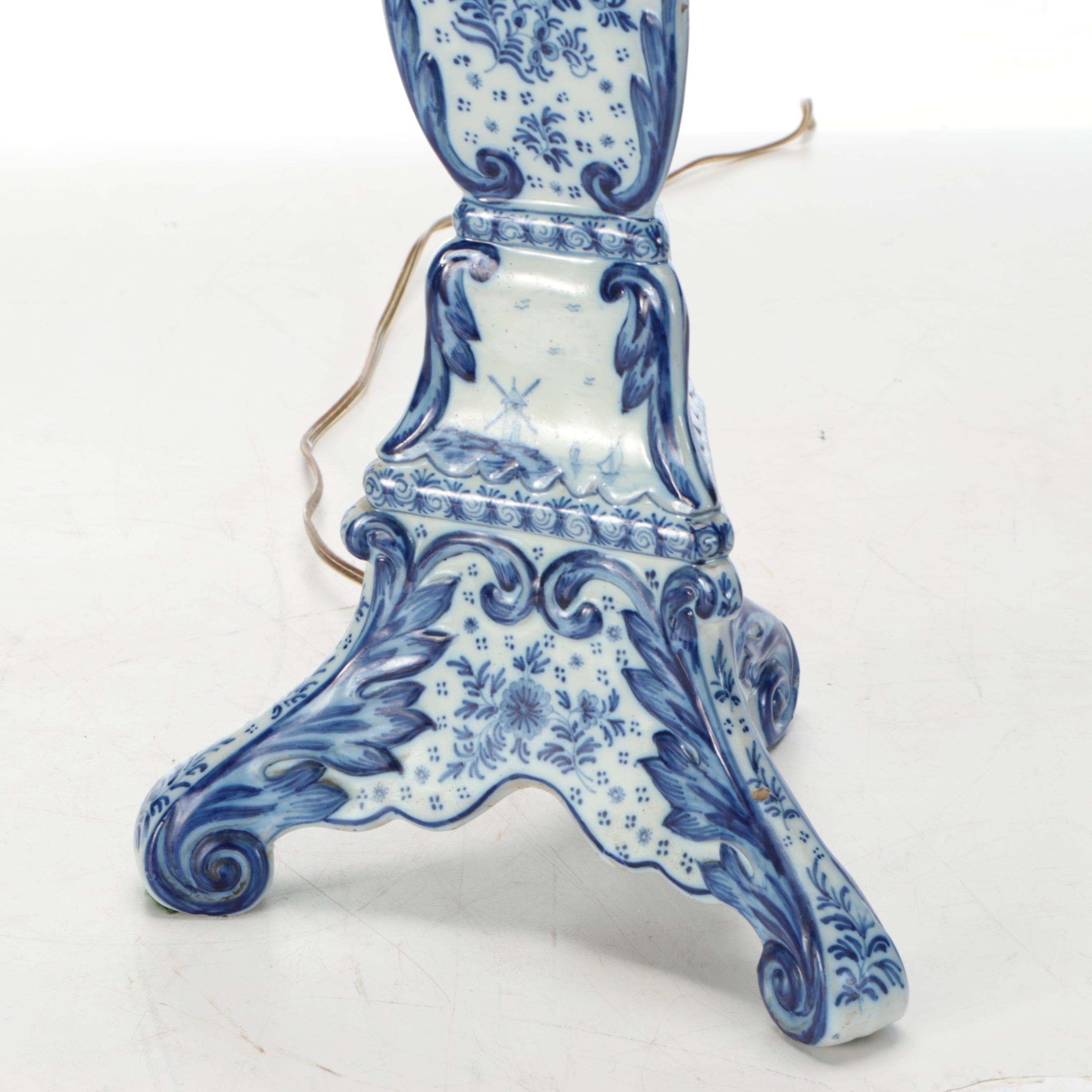 Delft Blue and White Ceramic Three-Sided Candlestick Lamp, Adapted