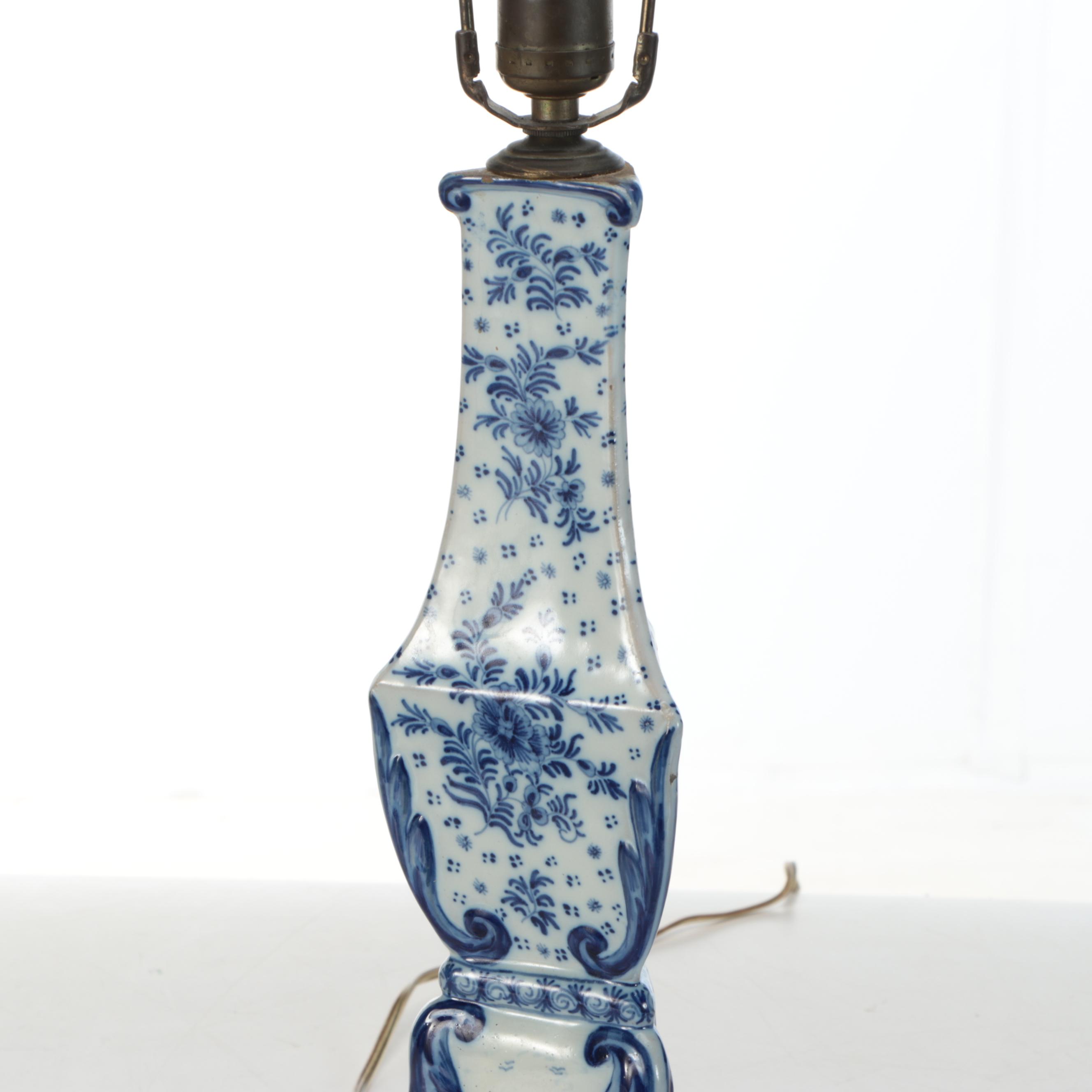 Delft Blue and White Ceramic Three-Sided Candlestick Lamp, Adapted