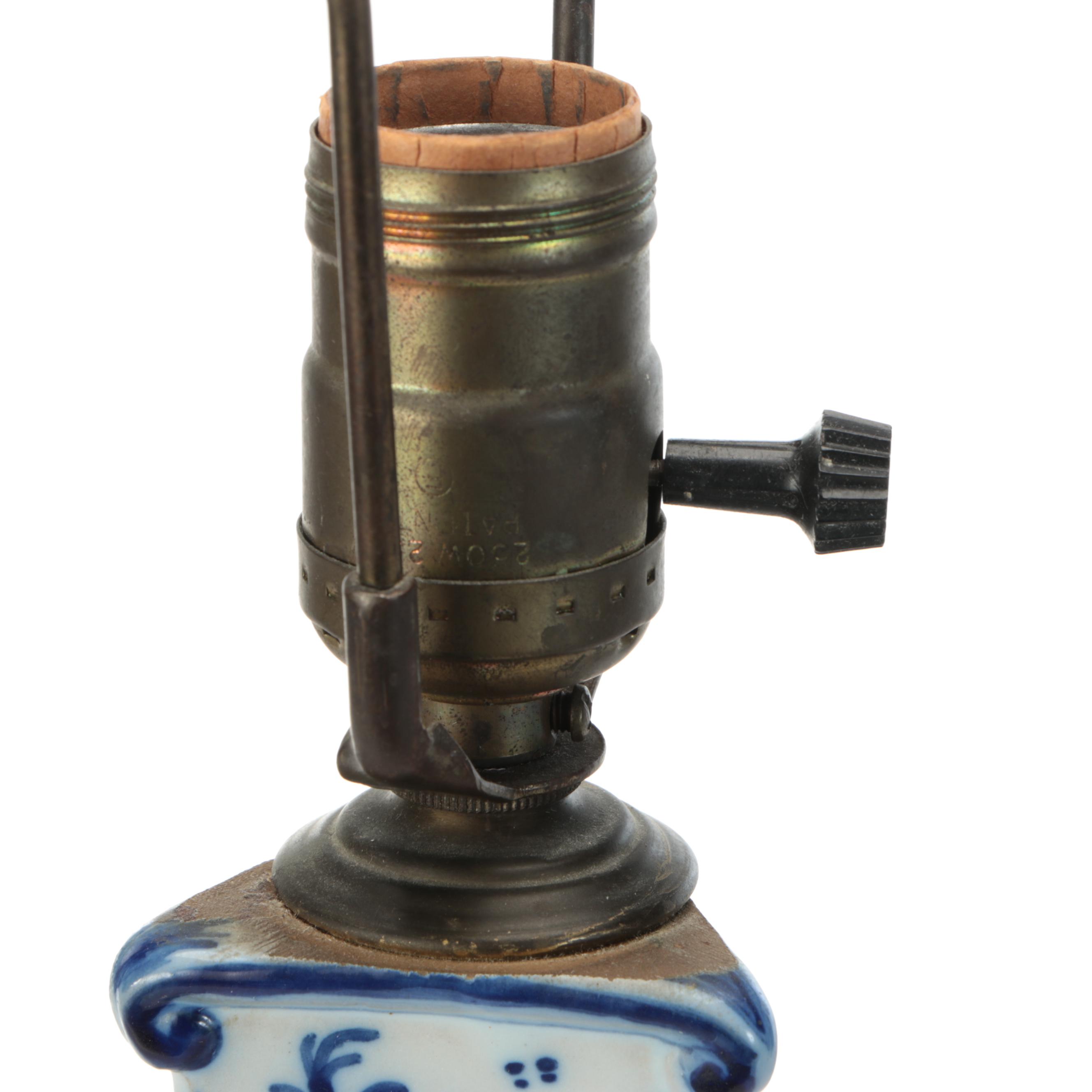 Delft Blue and White Ceramic Three-Sided Candlestick Lamp, Adapted