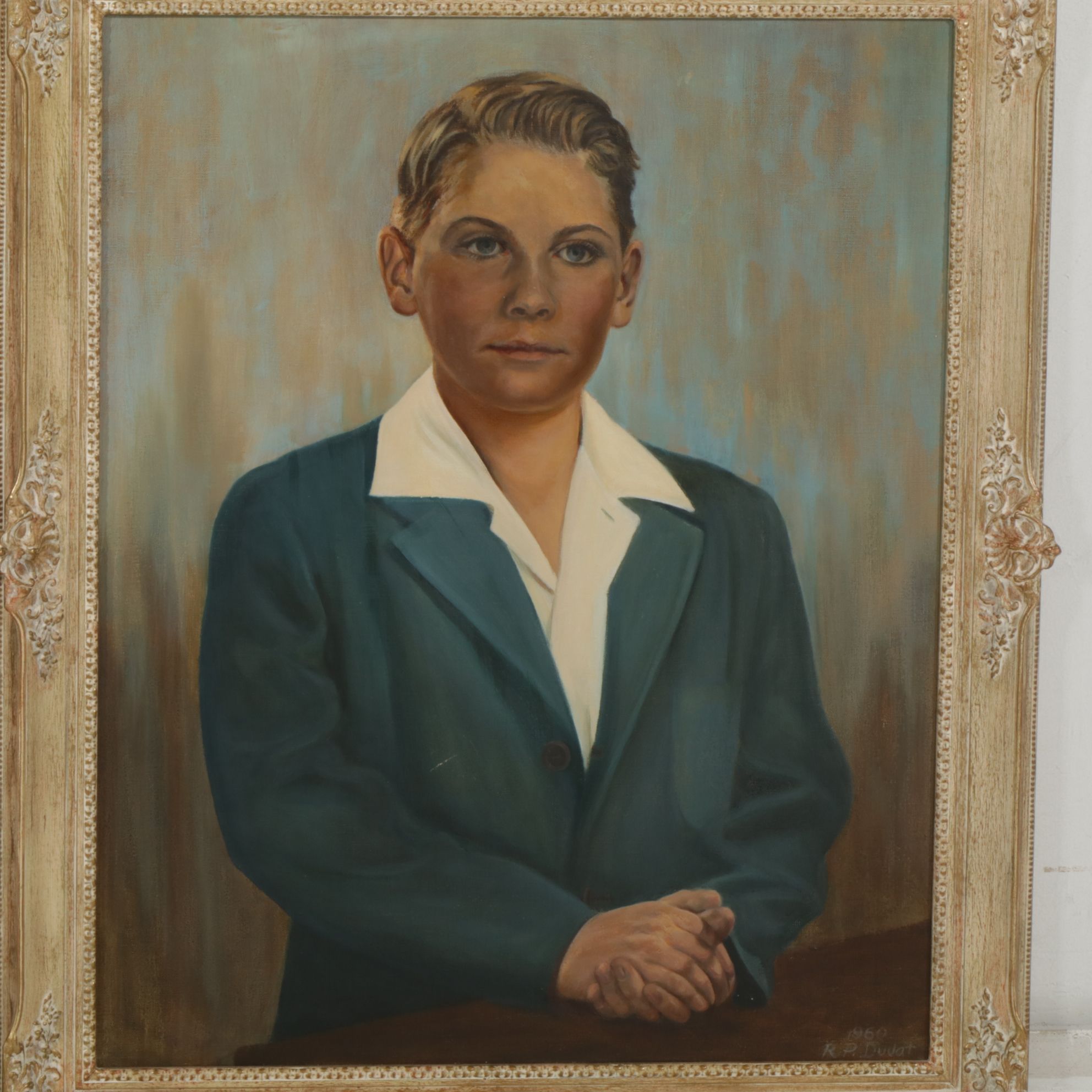 R. P. Duvat Pair of Portrait Oil Paintings of Young Man and Woman, 1960