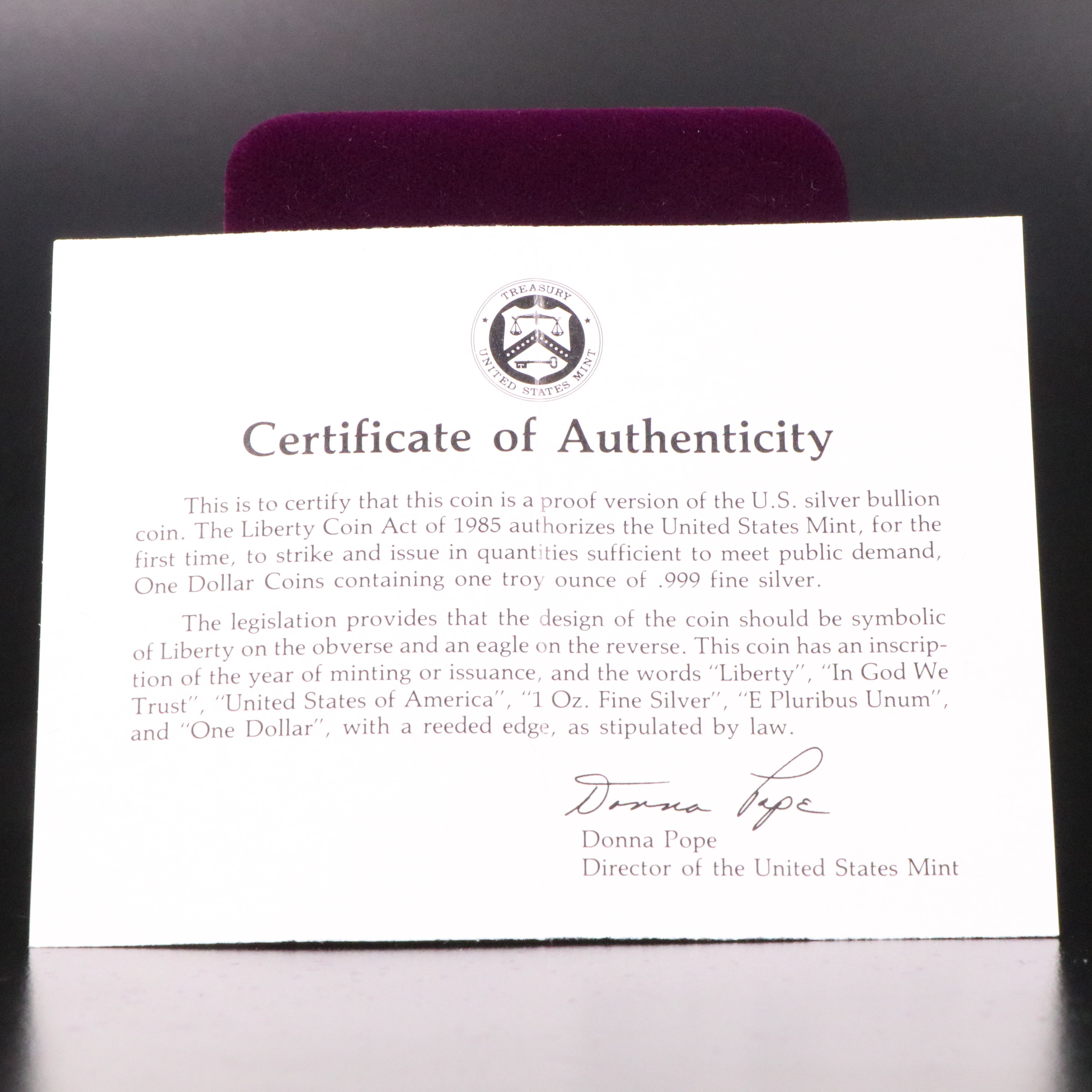 First Year of Issue 1986-S $1 U.S. Silver Eagle Proof Coin