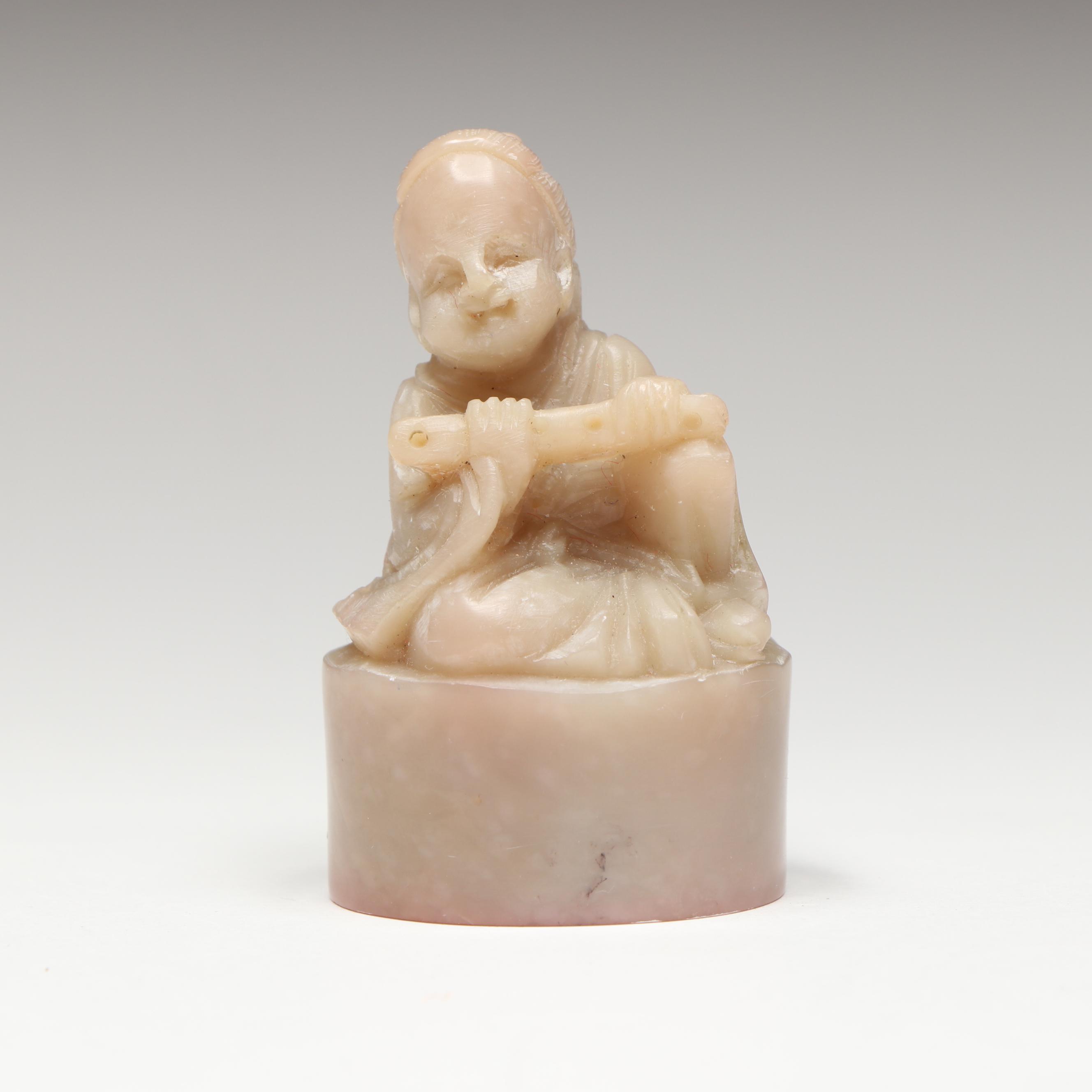 Chinese Flute Player Carved Soapstone Seal Stamp
