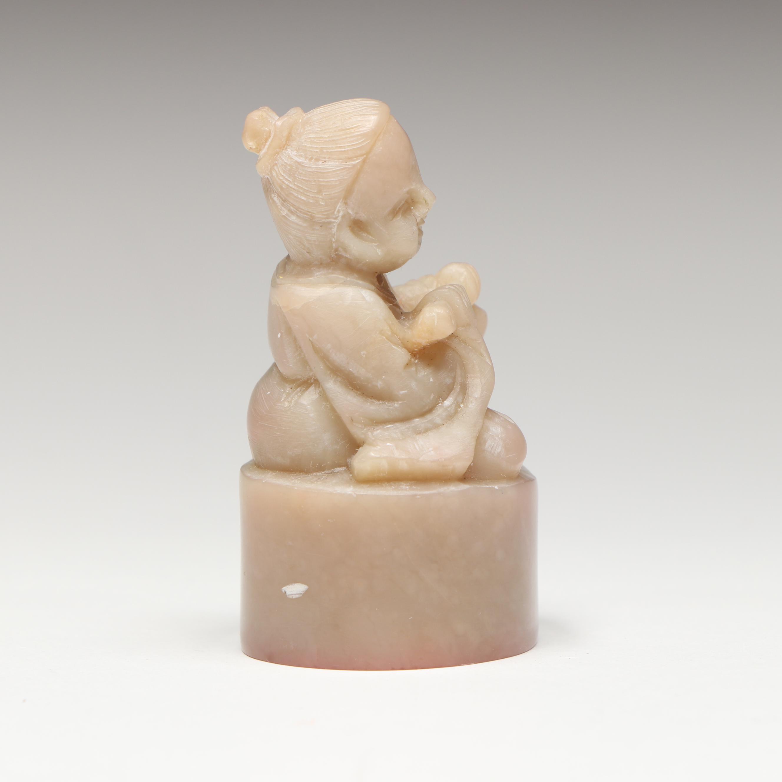 Chinese Flute Player Carved Soapstone Seal Stamp