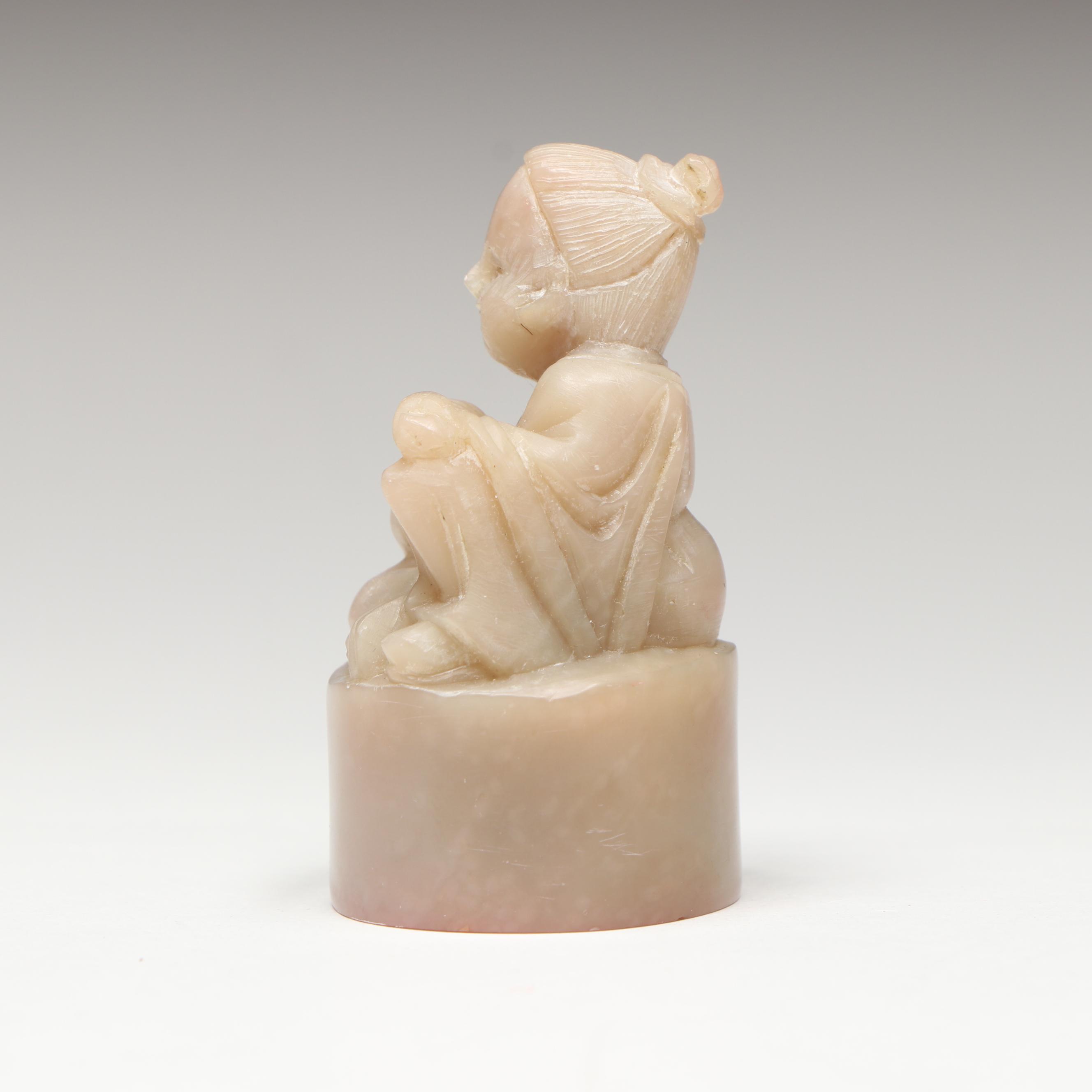 Chinese Flute Player Carved Soapstone Seal Stamp