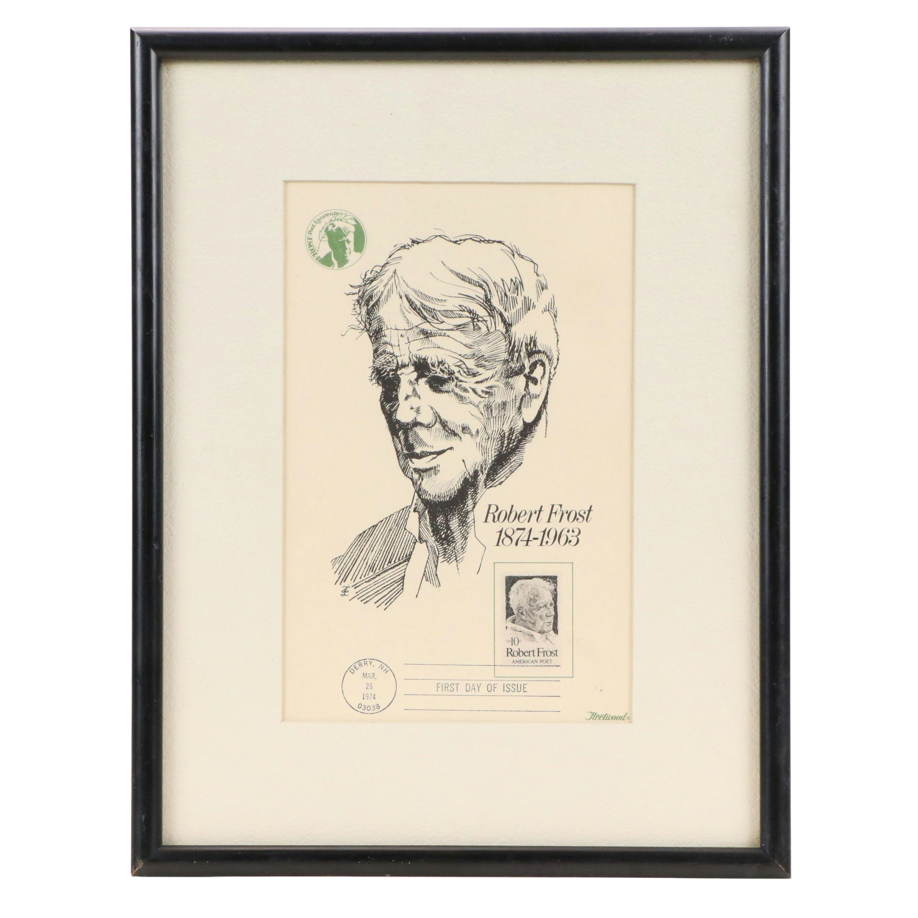 Lithograph Portrait of Robert Frost After Fred Labitzke with Stamp, 1974